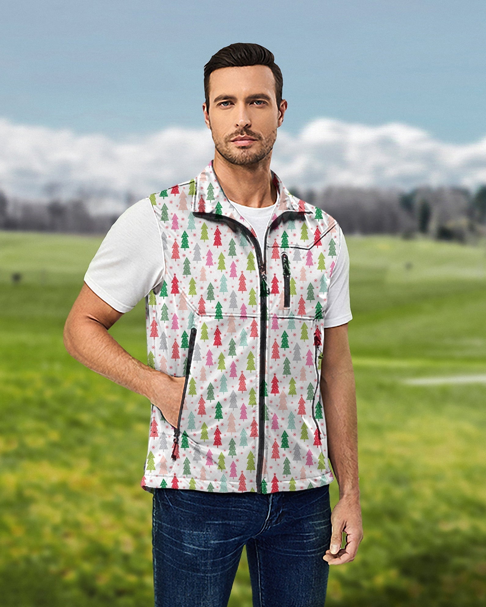 Men's colorful Christmas tree sleeveless softshell vest for golf, windproof and waterproof