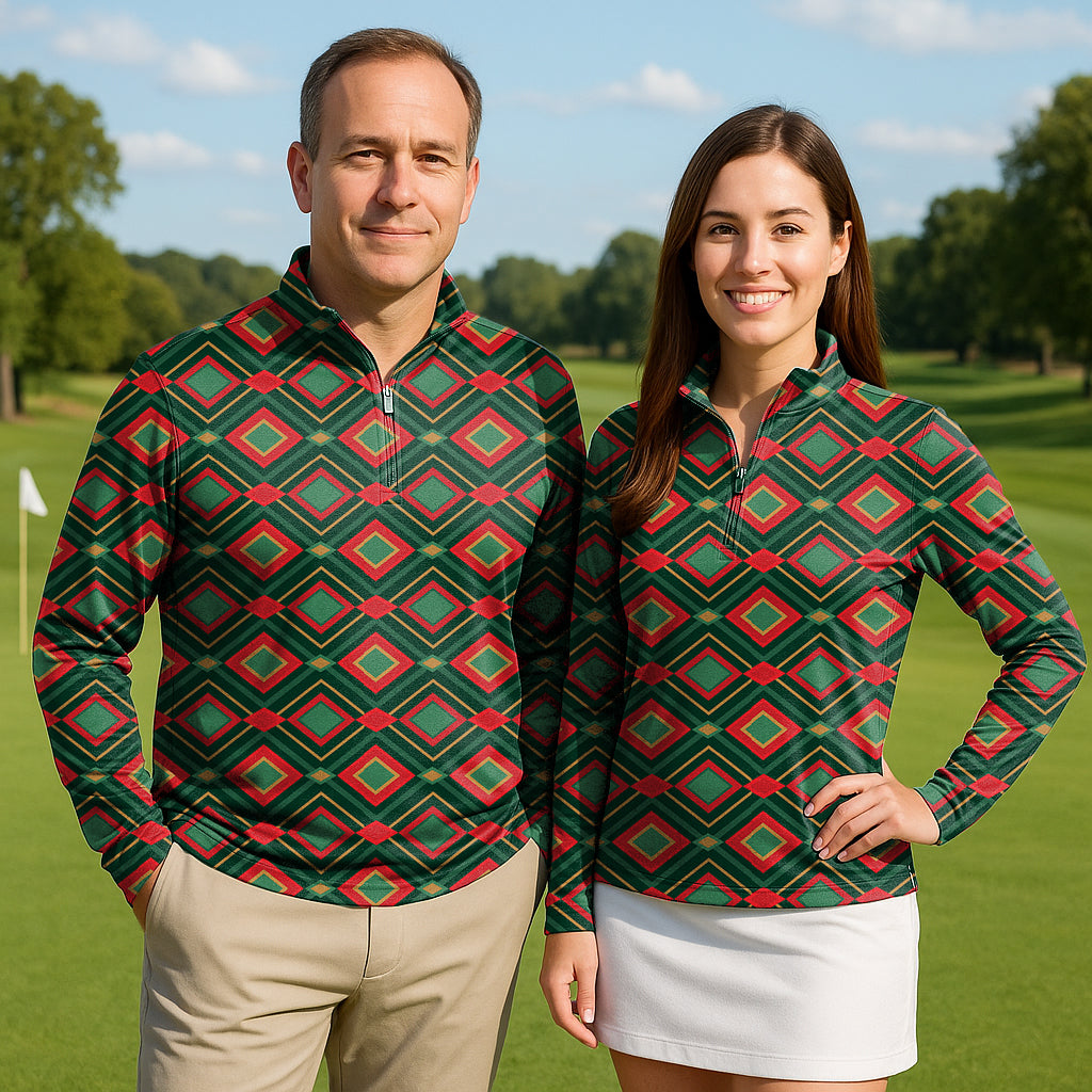 Christmas Argyle Couple Golf Active 3/4 Zipper Top Long Sleeves