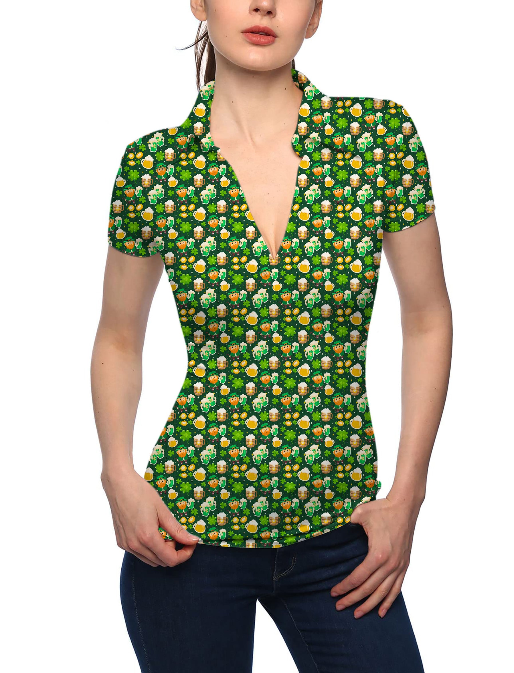 Women's Green beer clover leaf St. Patrick's Day V Neck Golf Polo