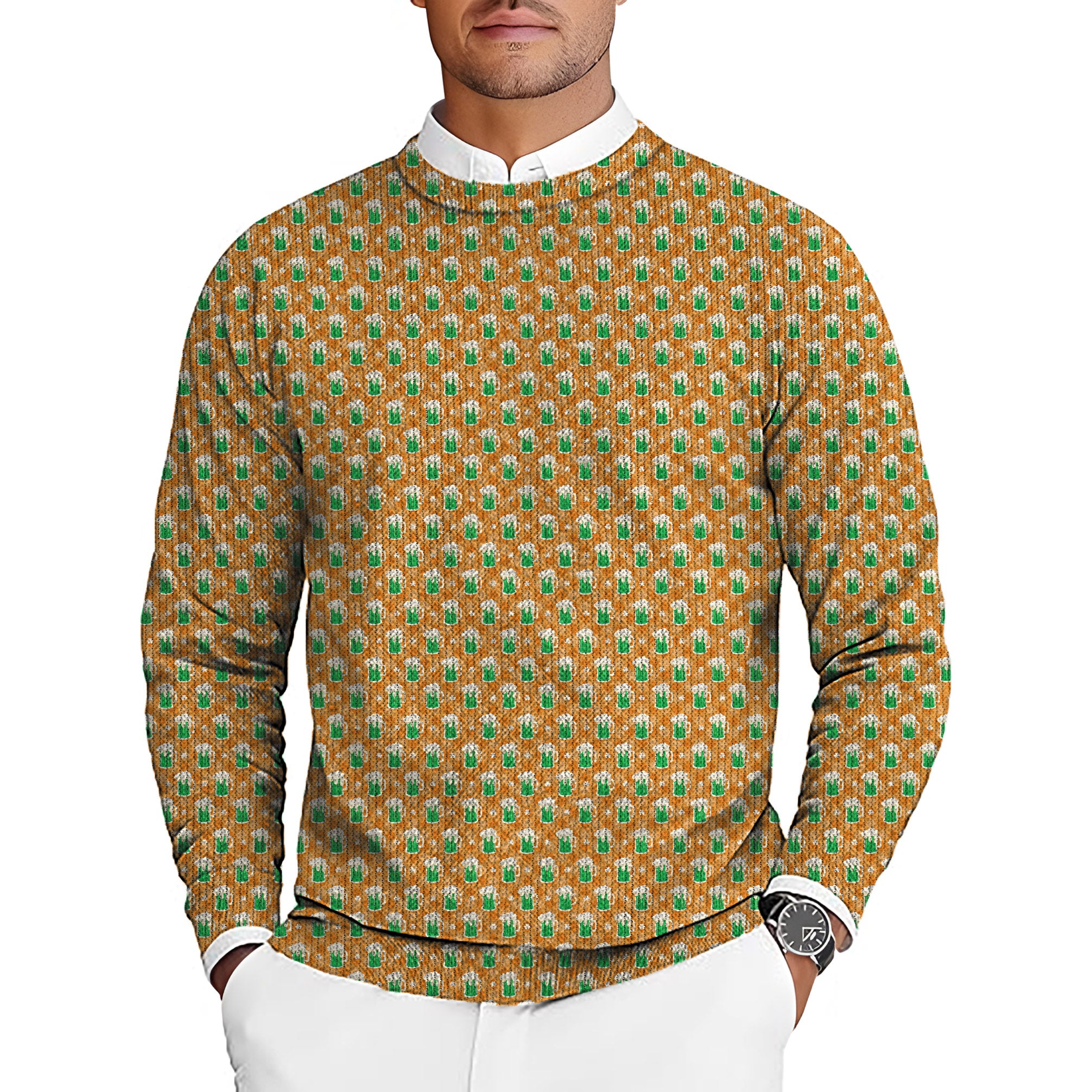 Green beer and clover leaf St. Patrick's Day Men's Golf Crewneck Pullover Sweaters Ugly Sweater