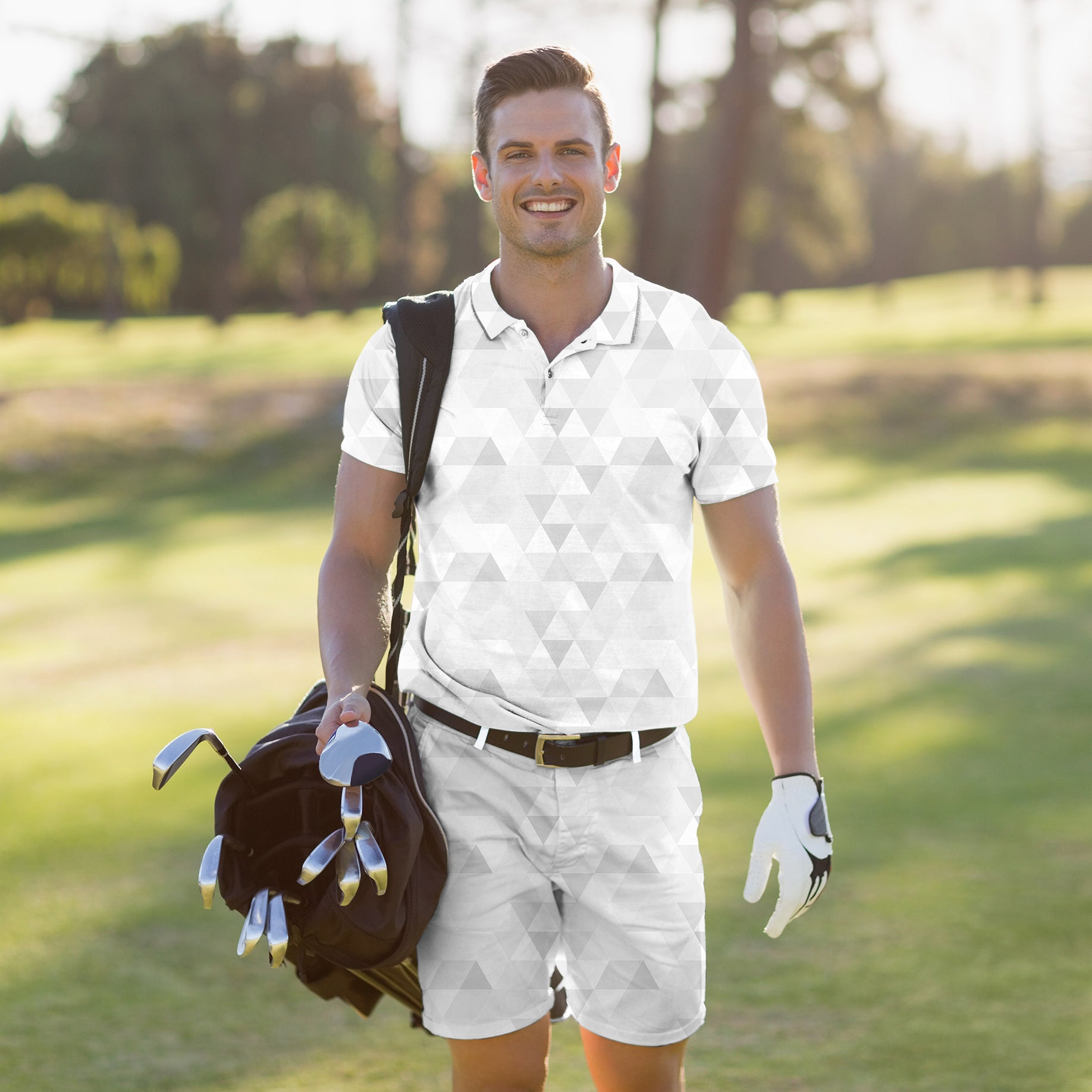 Men's Golf Set Polo+Shorts Abstract Grey Background With Triangular Pattern