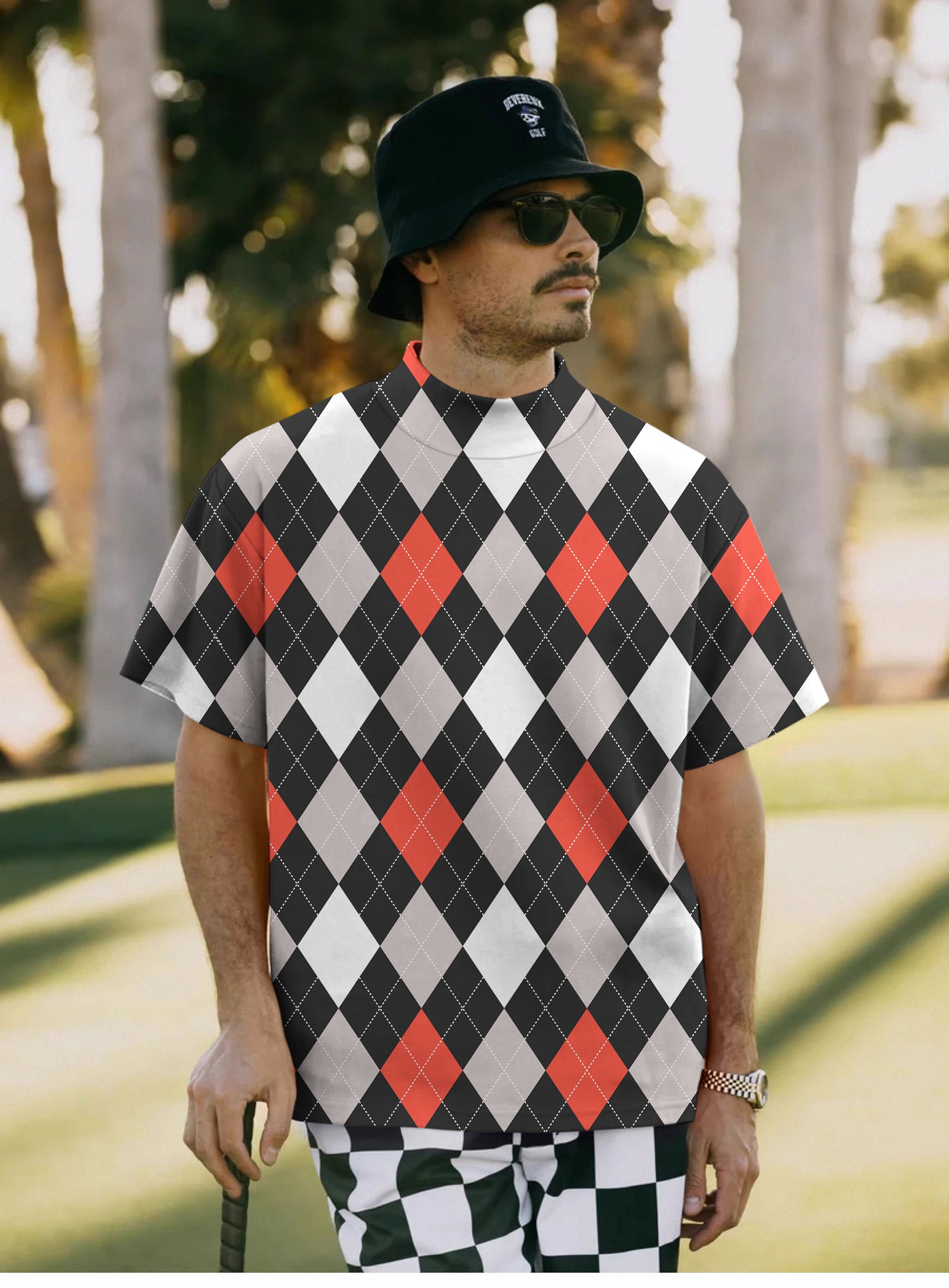 Men's Argyle red black Pullover High neck Long/Short sleeve T-Shirt