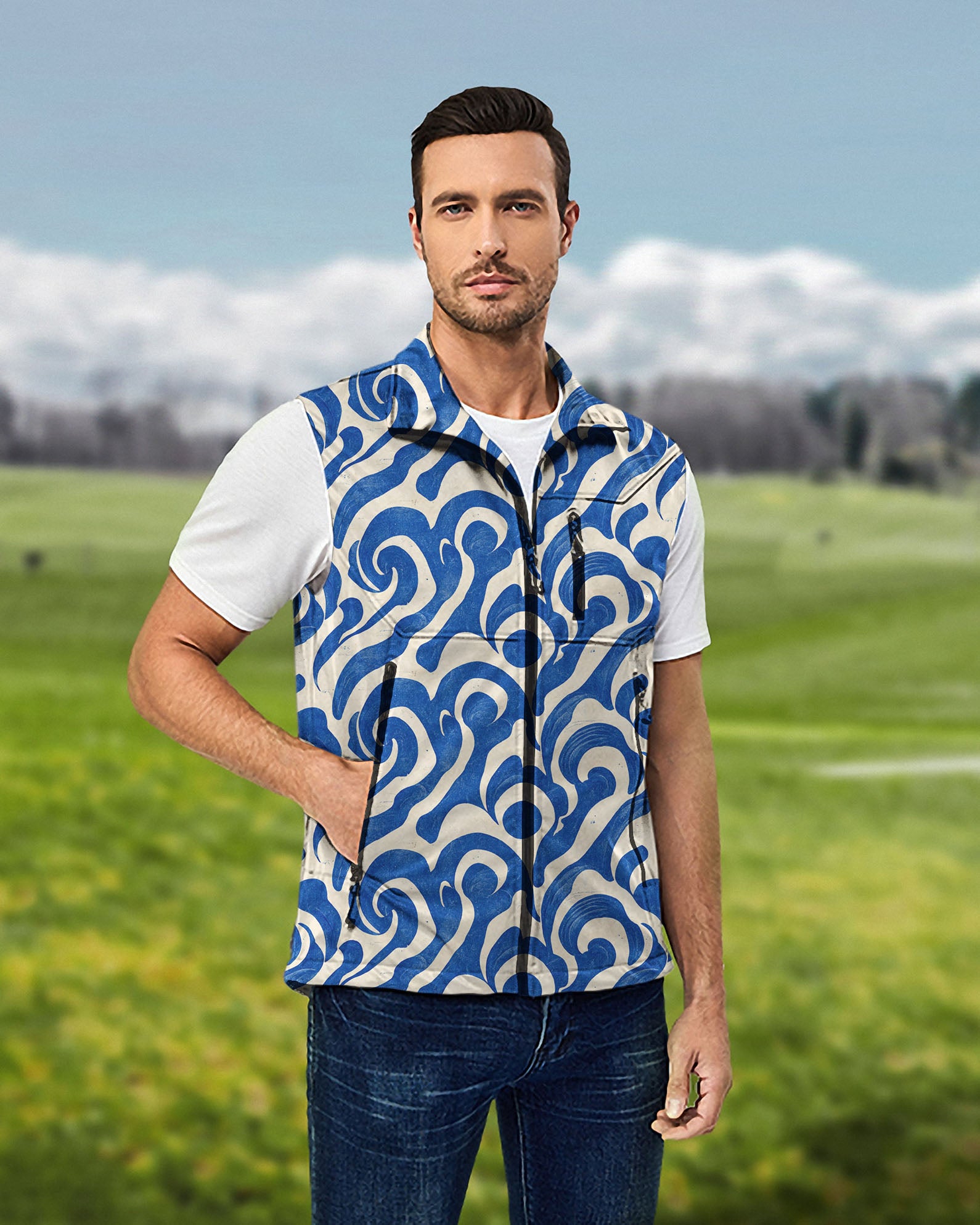 Men's Blue Harmony Lightweight Softshell Vest Sleeveless Jacket for Golf Windproof Waterproof