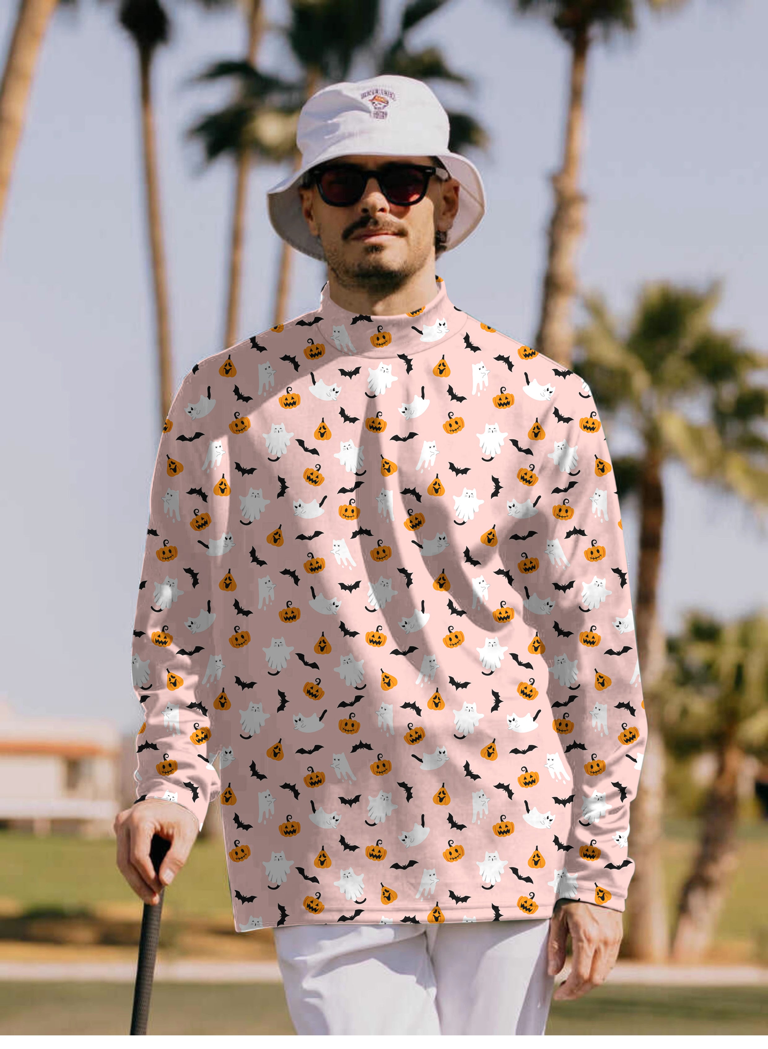 Men's Halloween Kawaii Ghost Pumpkin Pullover High neck Long/Short sleeve T-Shirt
