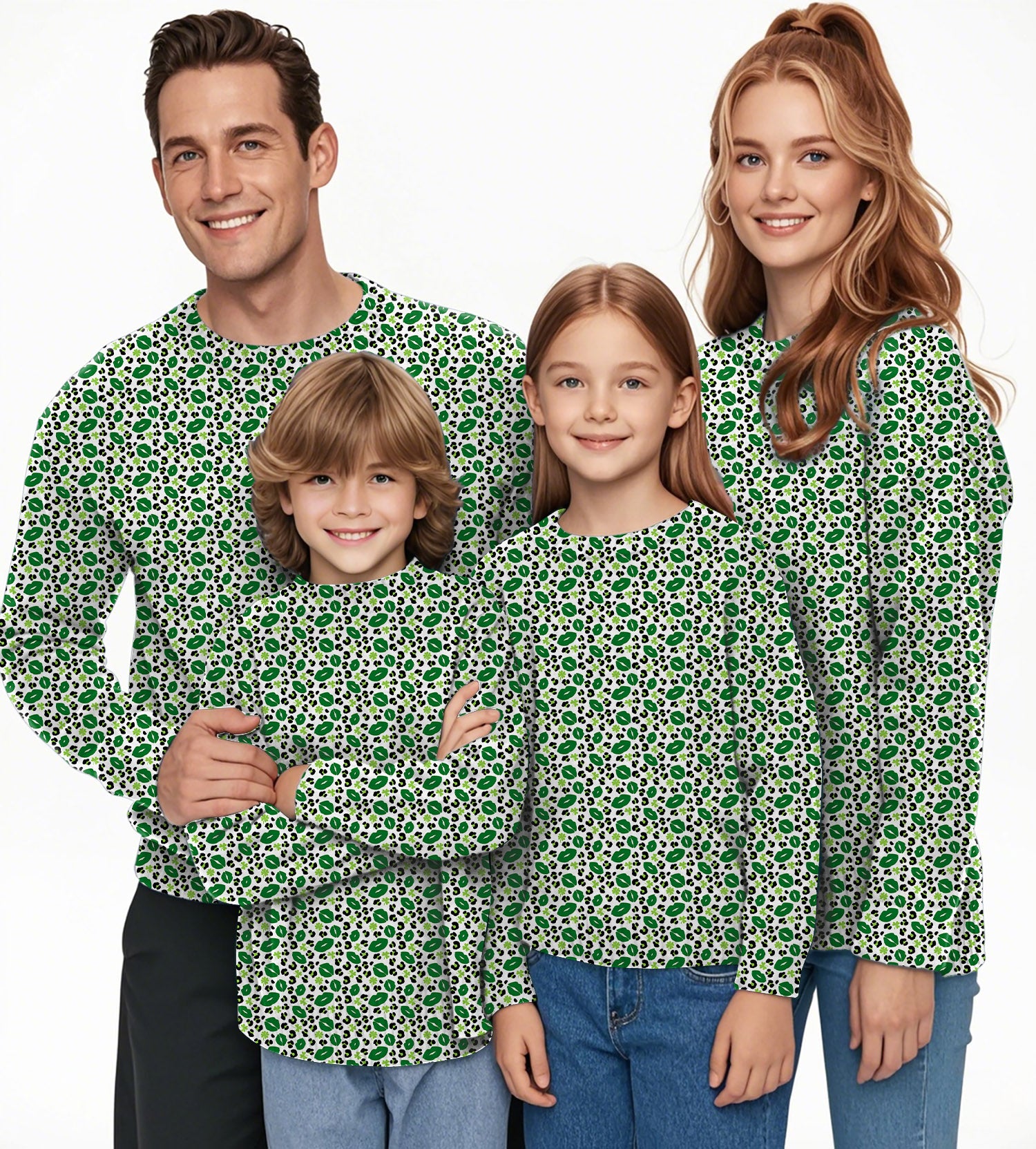 Green leopard kiss St. Patrick's Day Crewneck Pullover Ugly Sweater Men Women boy girl family