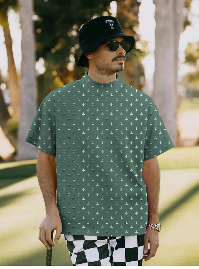 Men's green anchor pullover high neck short sleeve golf shirt with custom design