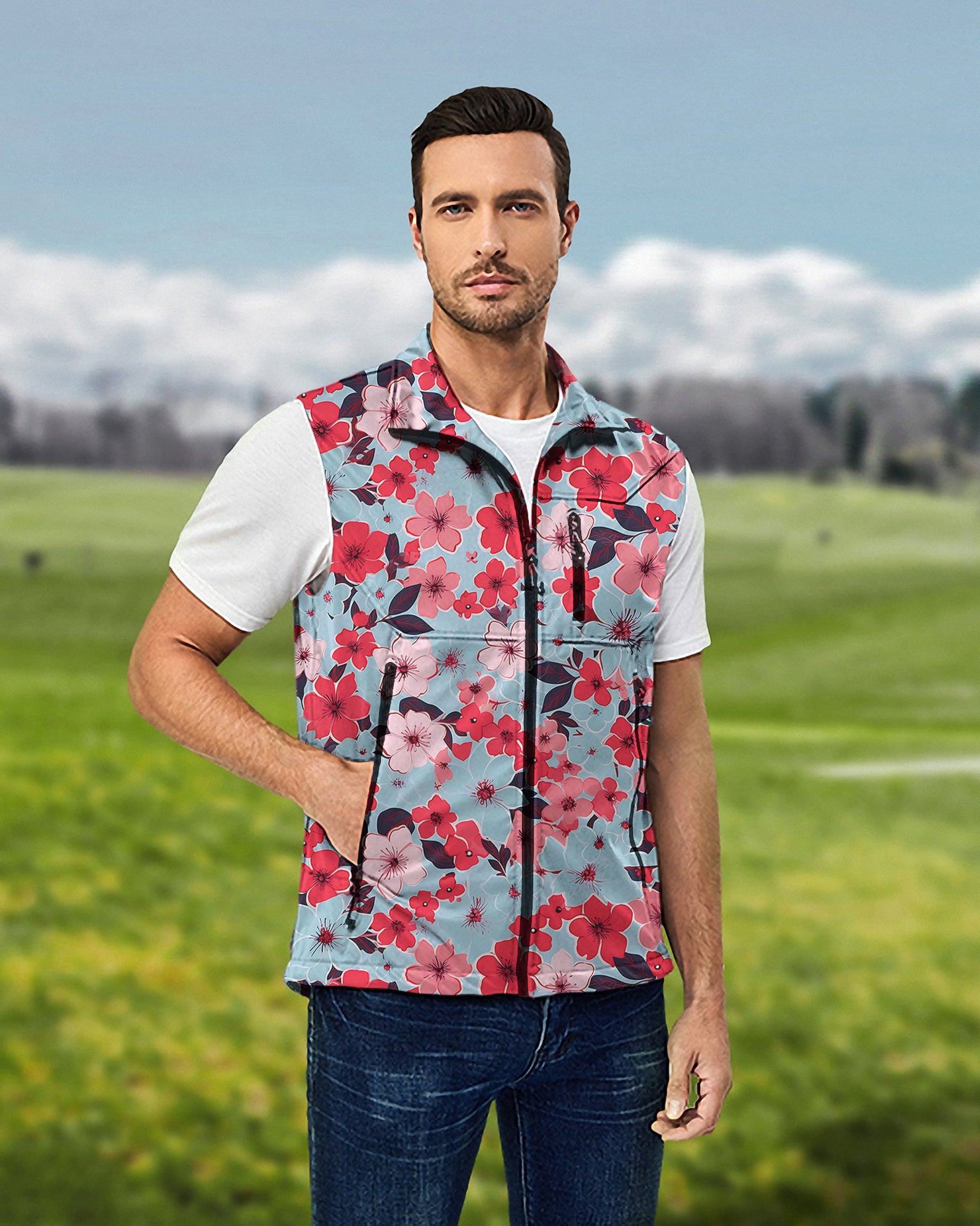 Men's Tropical flowers Lightweight Softshell Vest Sleeveless Jacket for Golf Windproof Waterproof