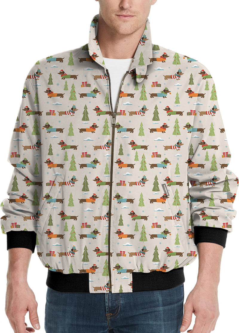 Christmas Dachshund men's golf windbreaker light jacket with festive dog and tree pattern