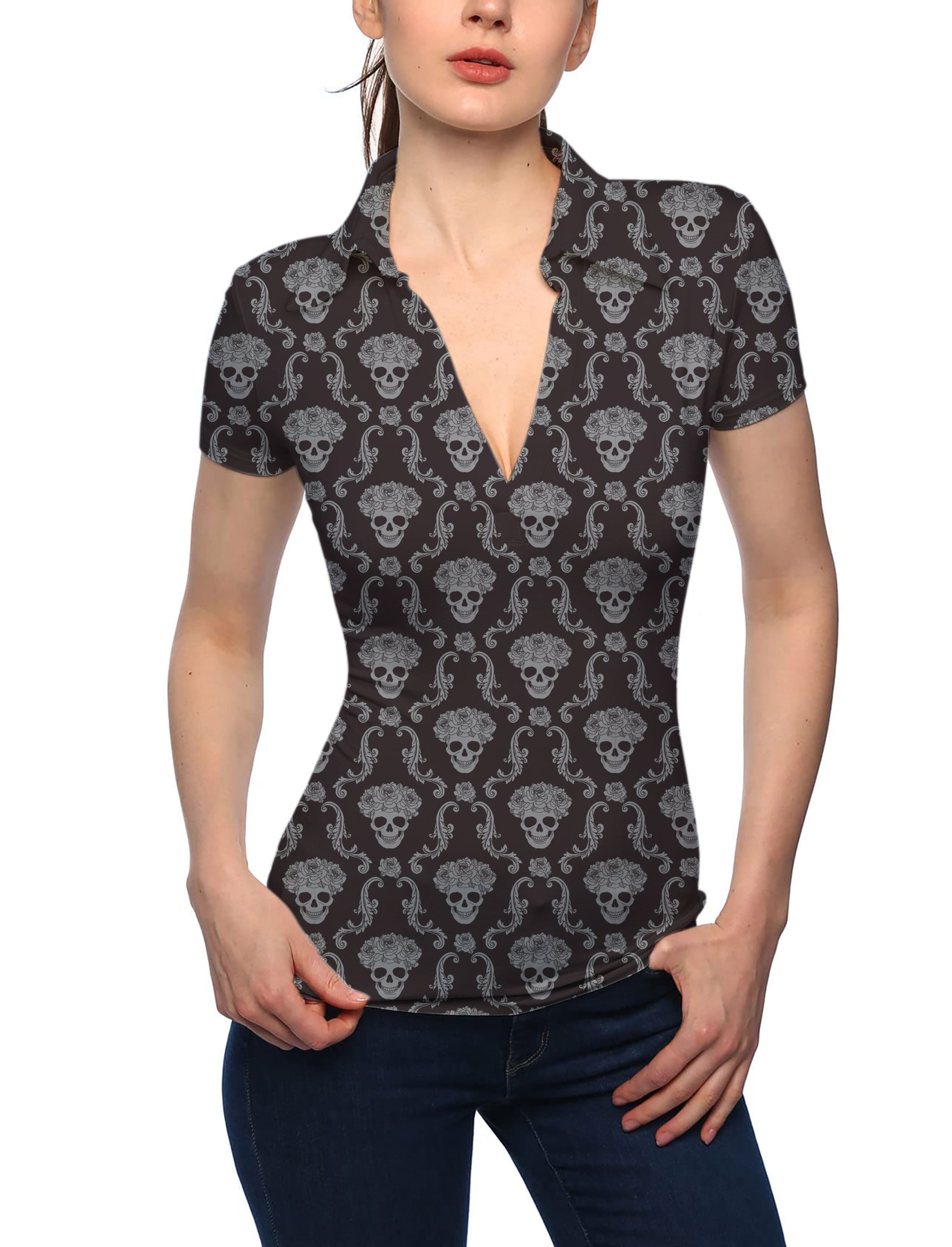Women's Halloween Classic Skull V Neck Golf Polo