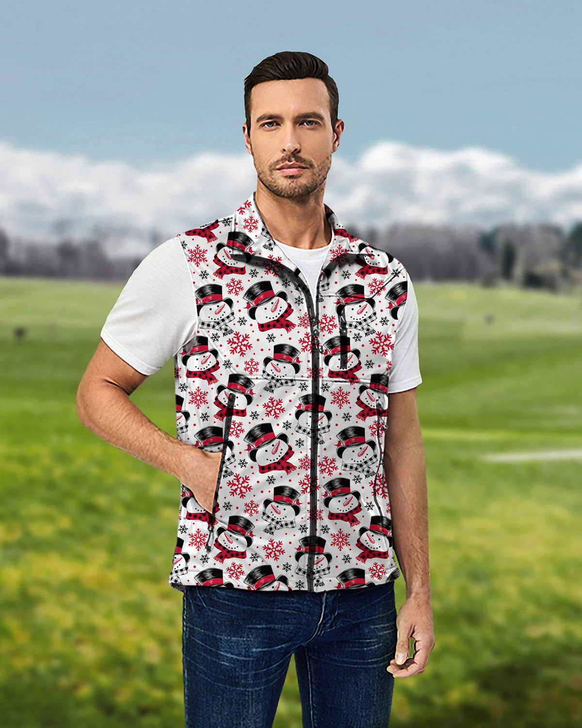 Men's Christmas Snowman Lightweight Softshell Vest Sleeveless Jacket for Golf Windproof Waterproof