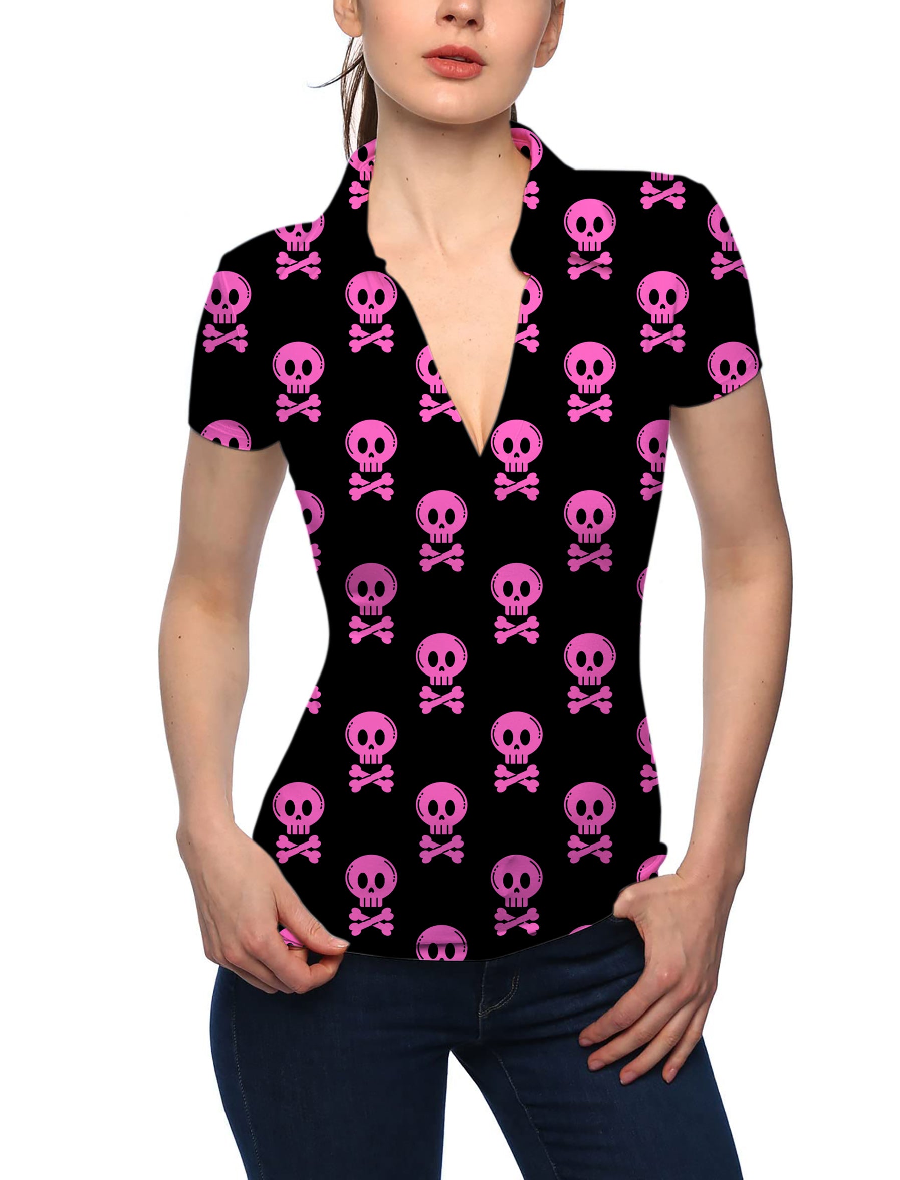 Women's Halloween Punk Skull V Neck Golf Polo