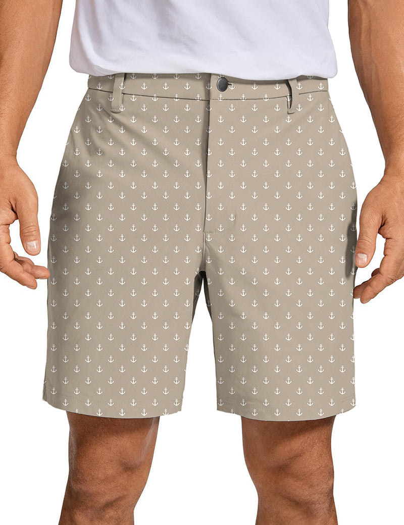 Men's beige anchor golf shorts with quick-dry, breathable fabric and two-way stretch for comfort and style