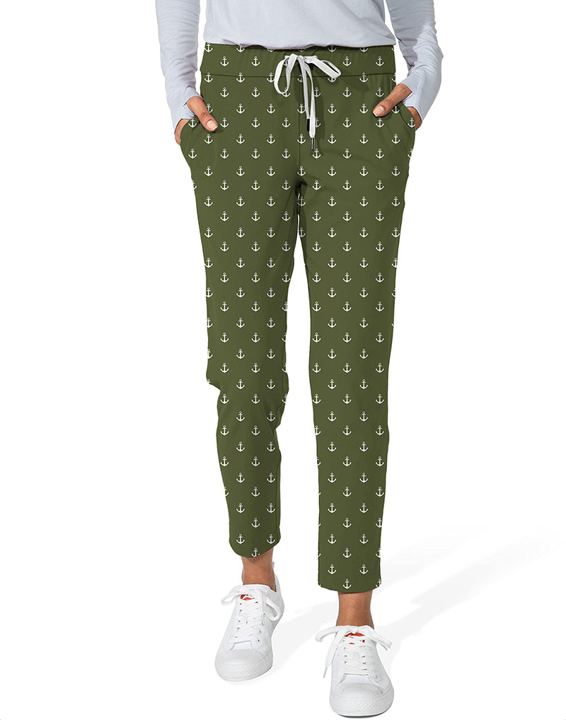 dark green anchor print women's 7/8 stretch ankle golf pants with adjustable waistband and side pockets