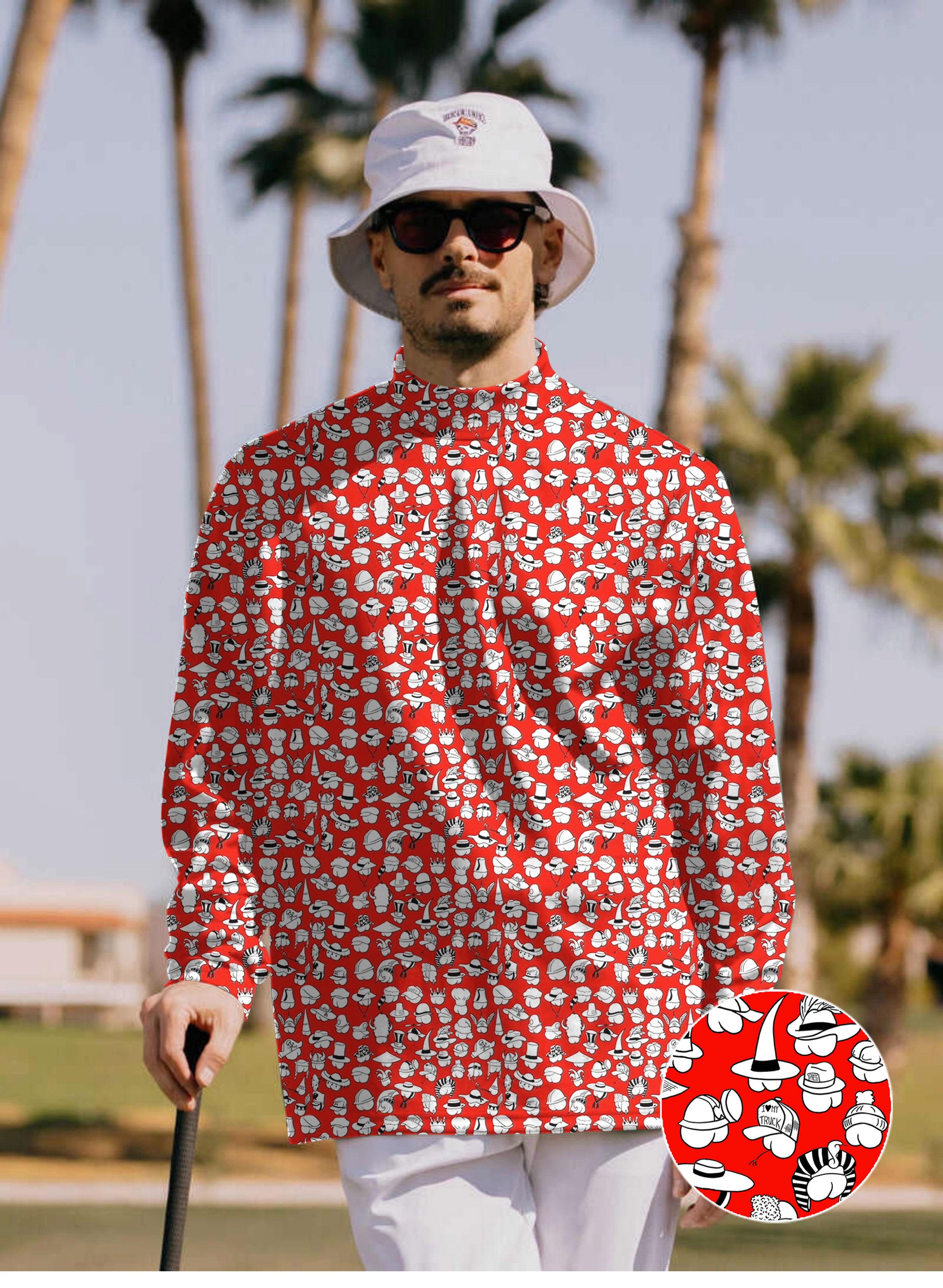 Men's Red Versatile Hips Designer style Mock Neck Long/Short Sleeve Golf Tops