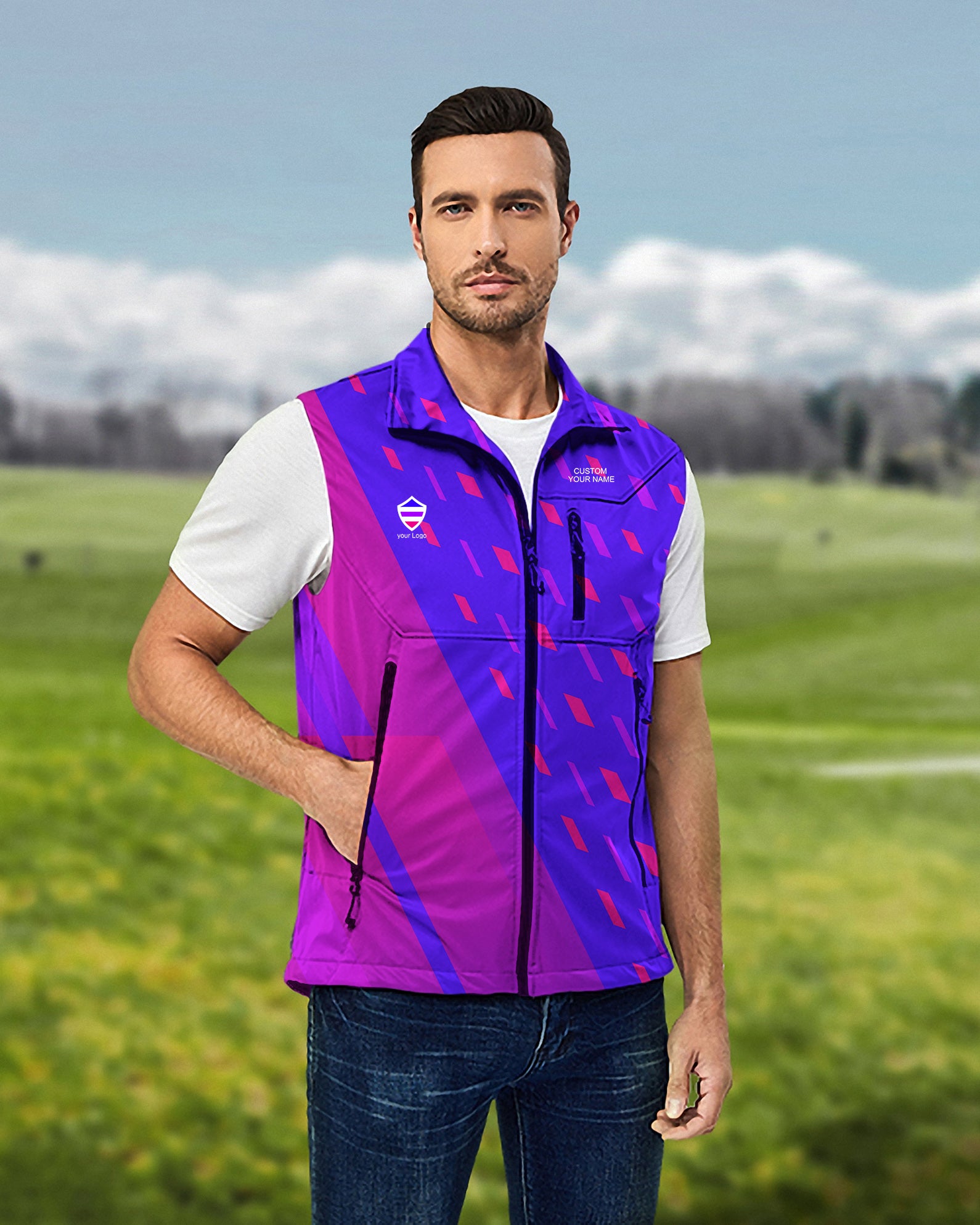 Men's blue purple pink sport Team Lightweight Softshell Vest Sleeveless Jacket for Golf Windproof Waterproof