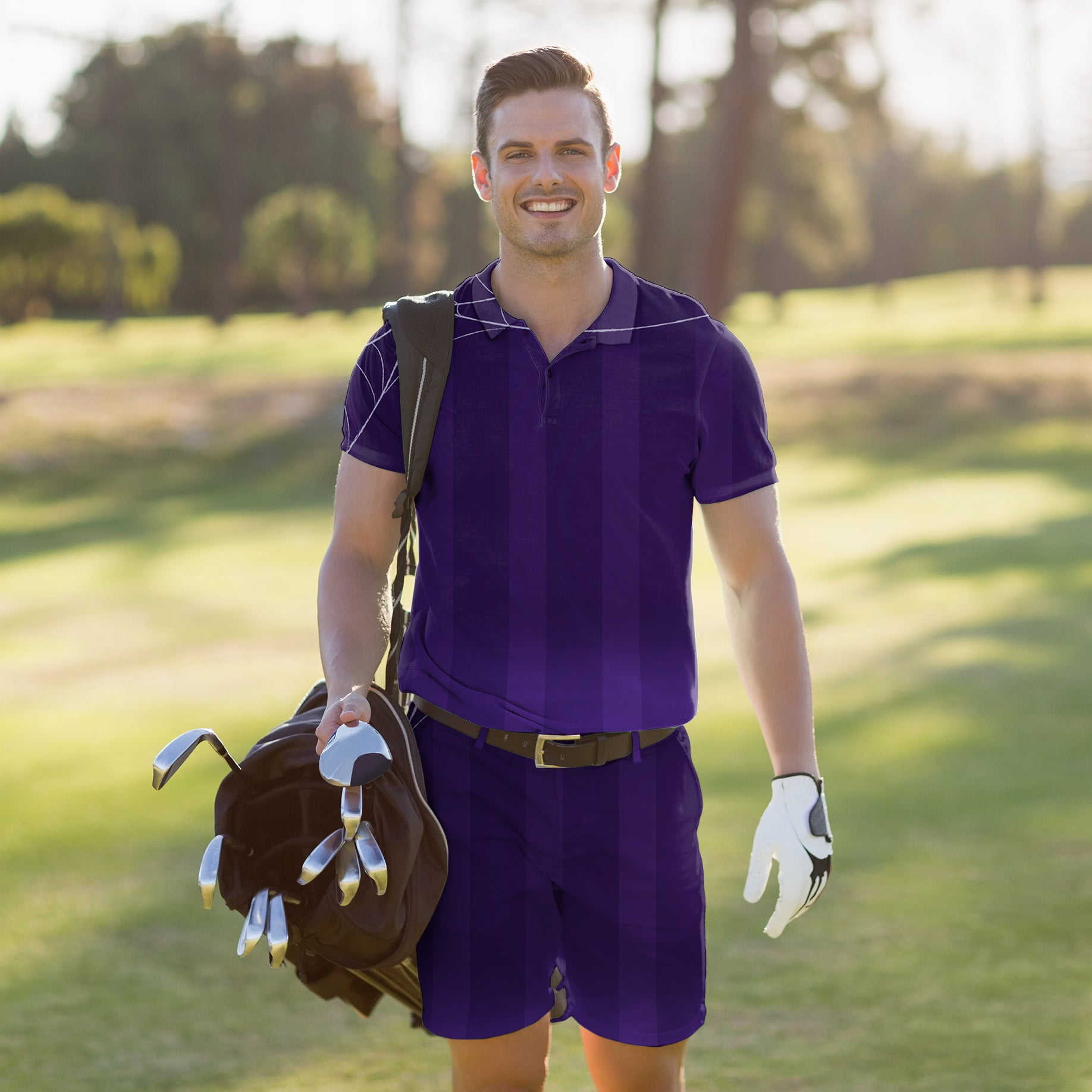 Men's Golf Set Polo+Shorts Halloween purple spiderweb