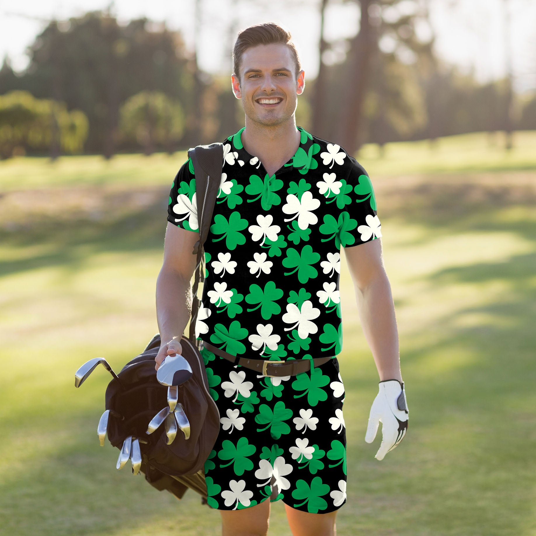 Men's Golf Set Polo+Shorts Leaf clover St. Patrick's Day