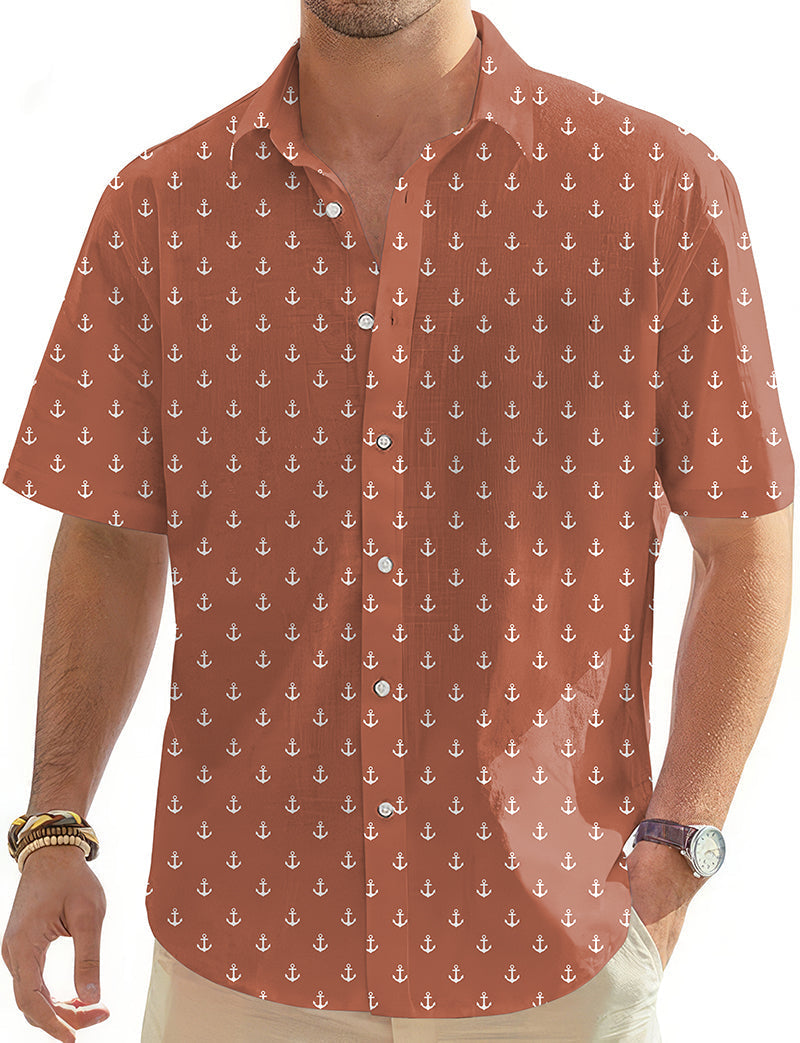 Dark orange men's golf shirt with white anchor pattern and button-down collar