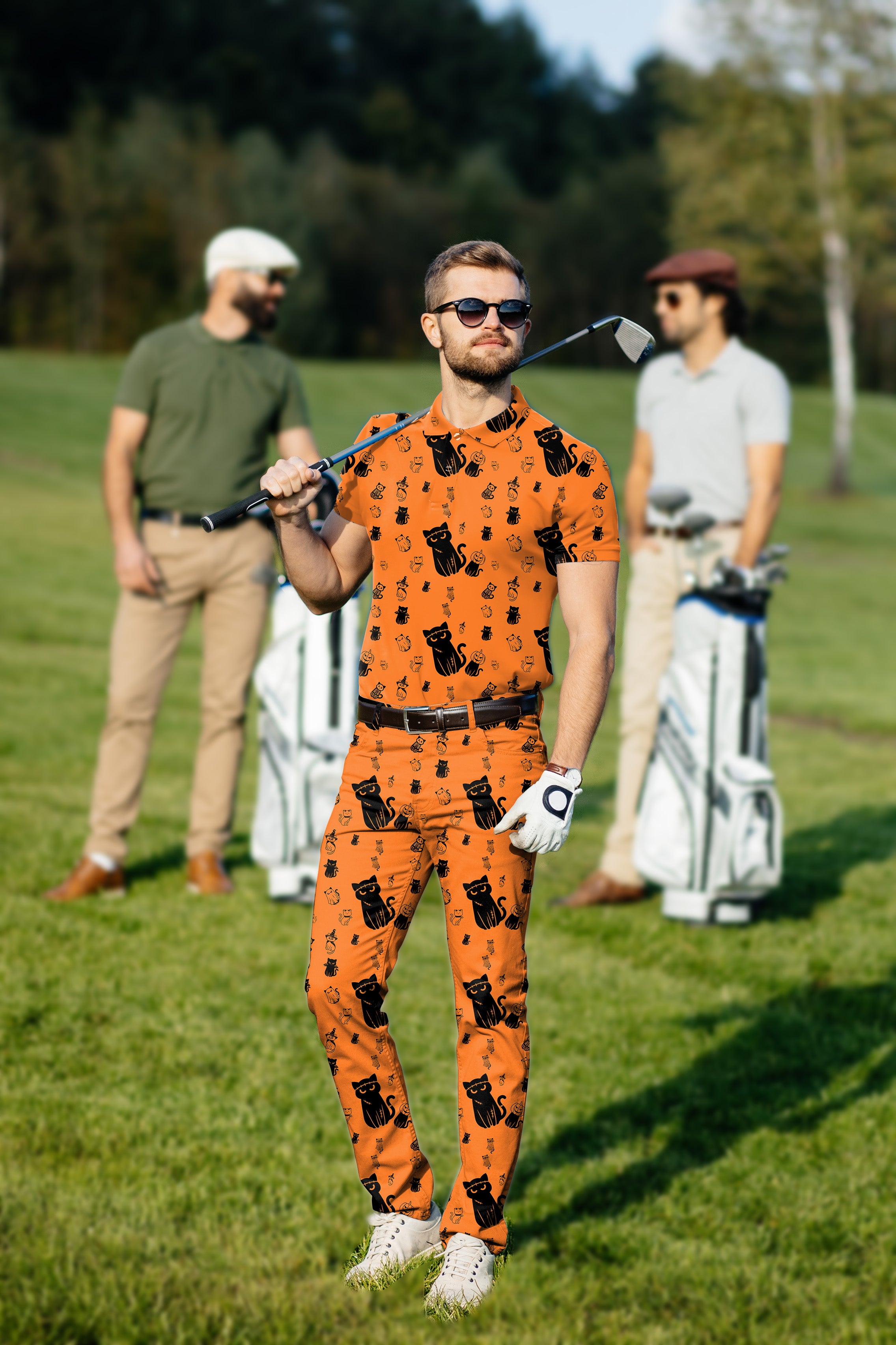 Men's Golf Set Polo+Pants Halloween Cute Cat Custom The Background Color