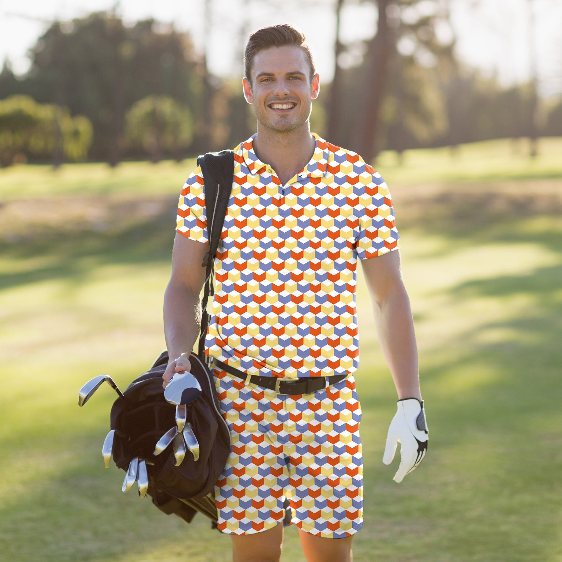 Men's Golf Set Polo+Shorts colorful 3d square box