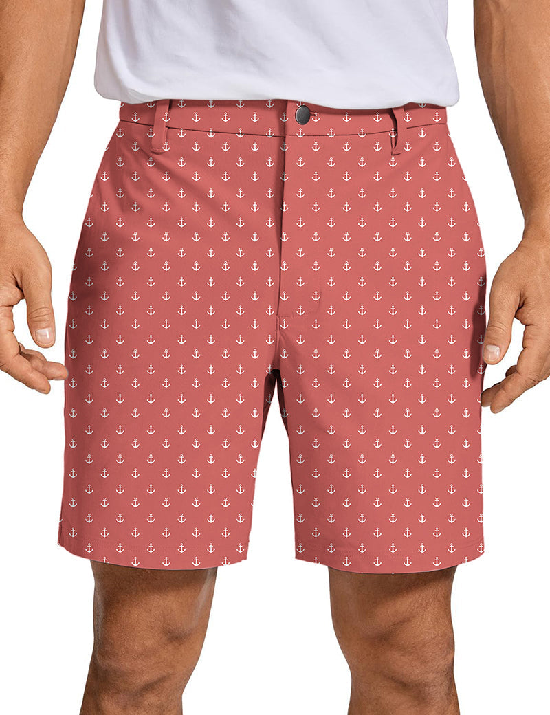 Men's pink red anchor patterned golf shorts with quick dry fabric and two-way stretch
