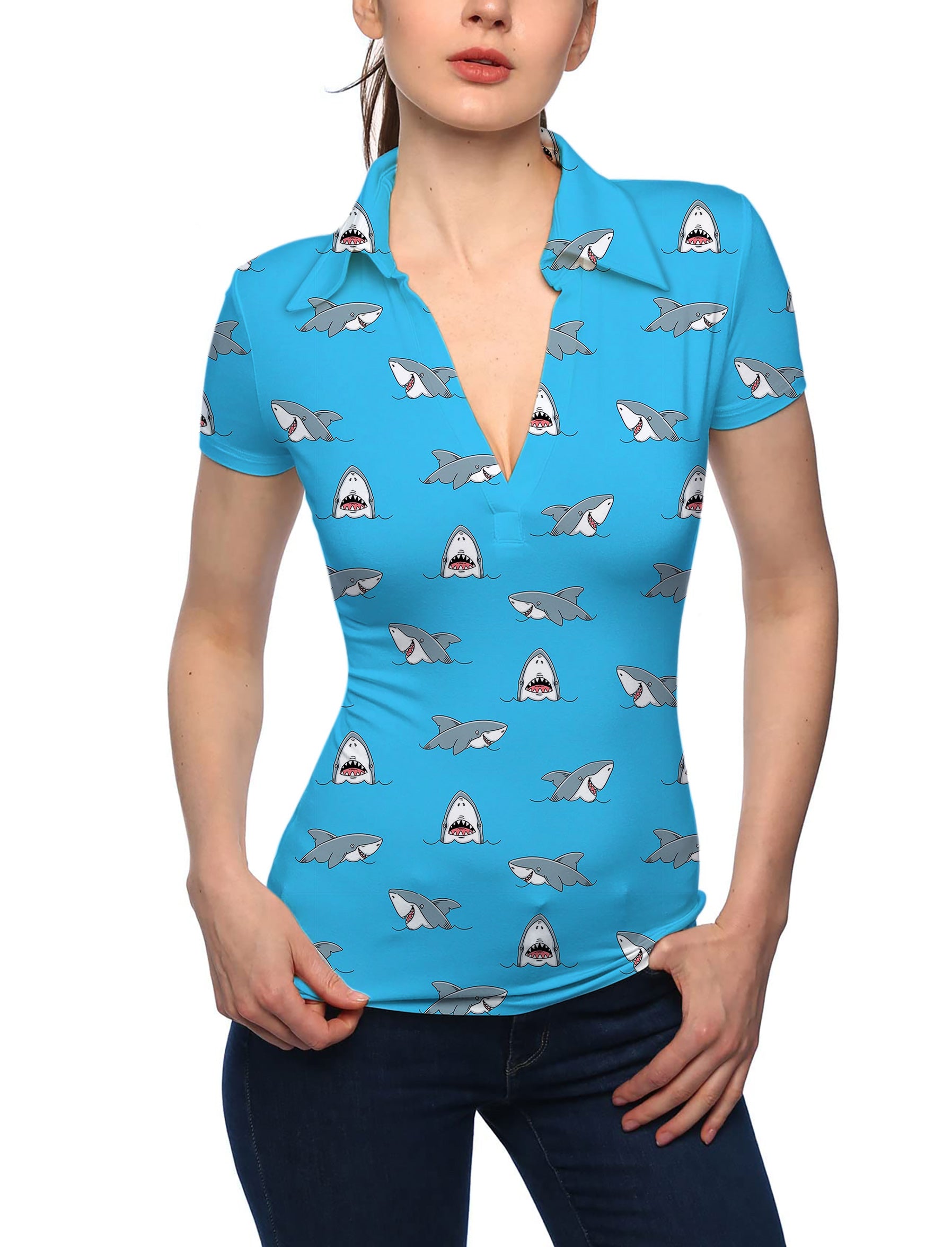 Women's Chomp Chomp shark V Neck Golf Polo