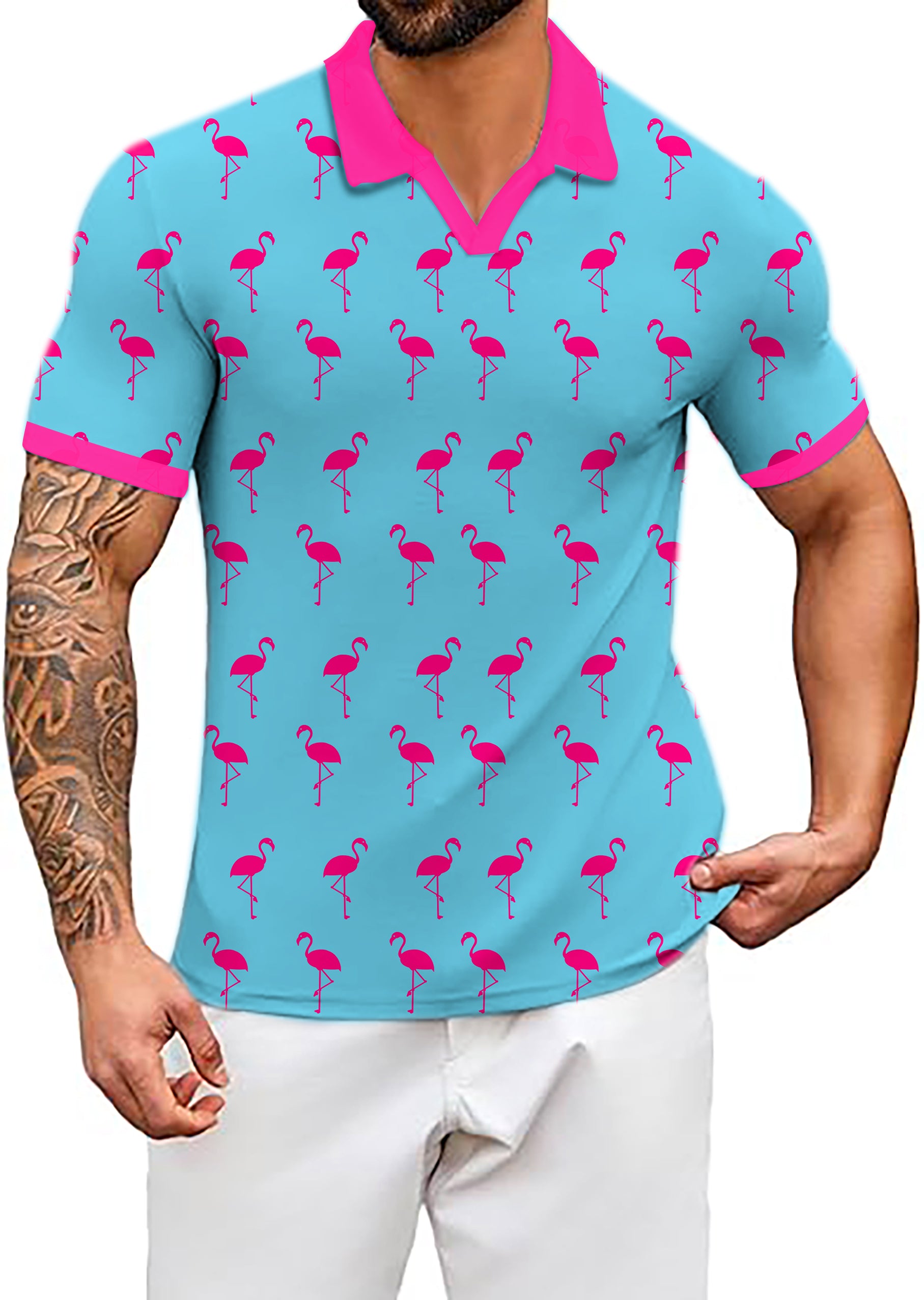 Men's flamingo V Neck Golf Polo Shirts