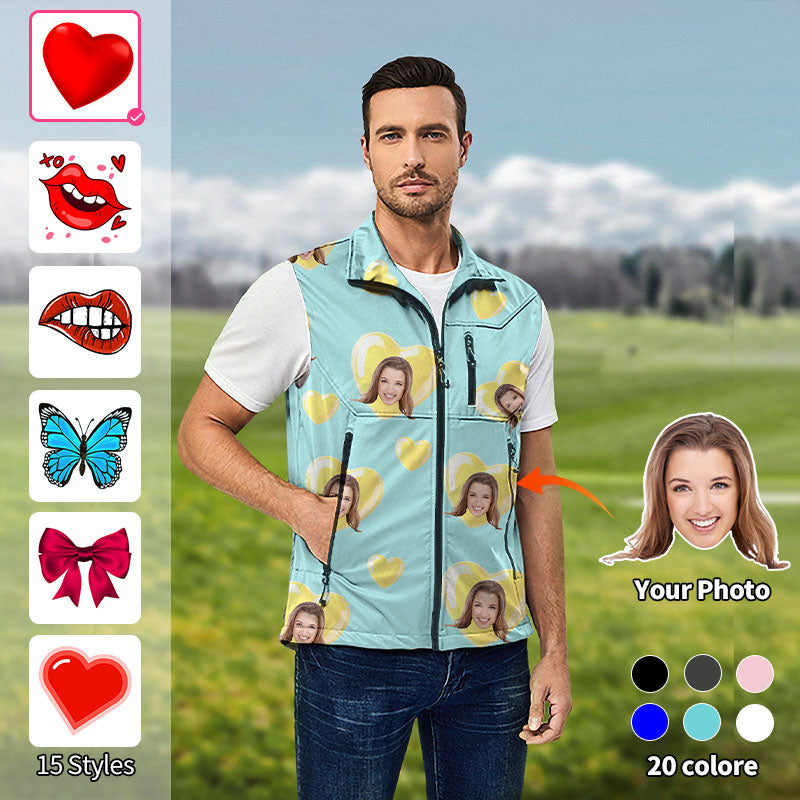 Valentine's Day Men's Custom Photo Face Custom Color Green Blue Love Lightweight Softshell Vest Sleeveless Jacket for Golf Windproof Waterproof