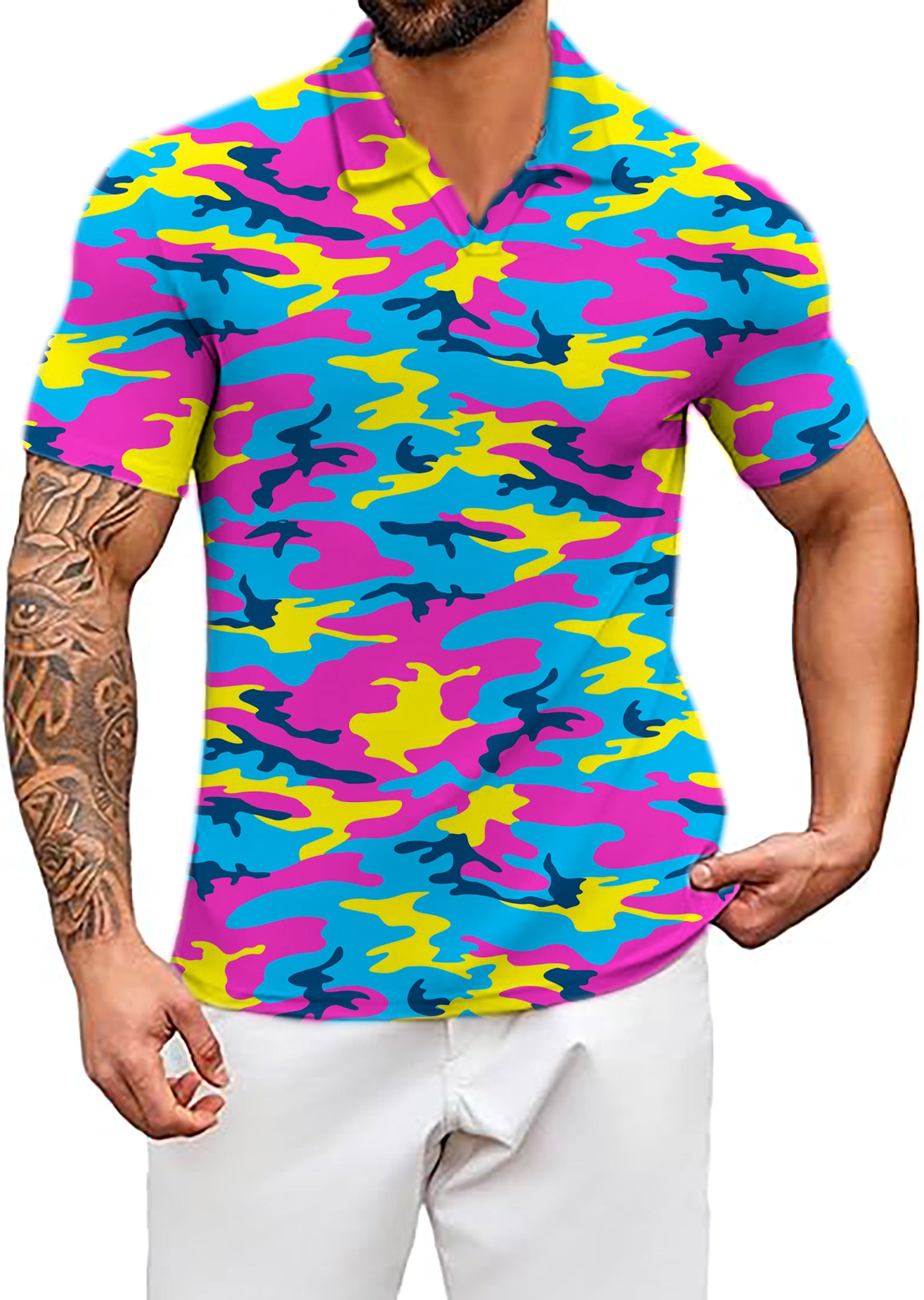 Men's Neon Camo V Neck Golf Polo Shirts