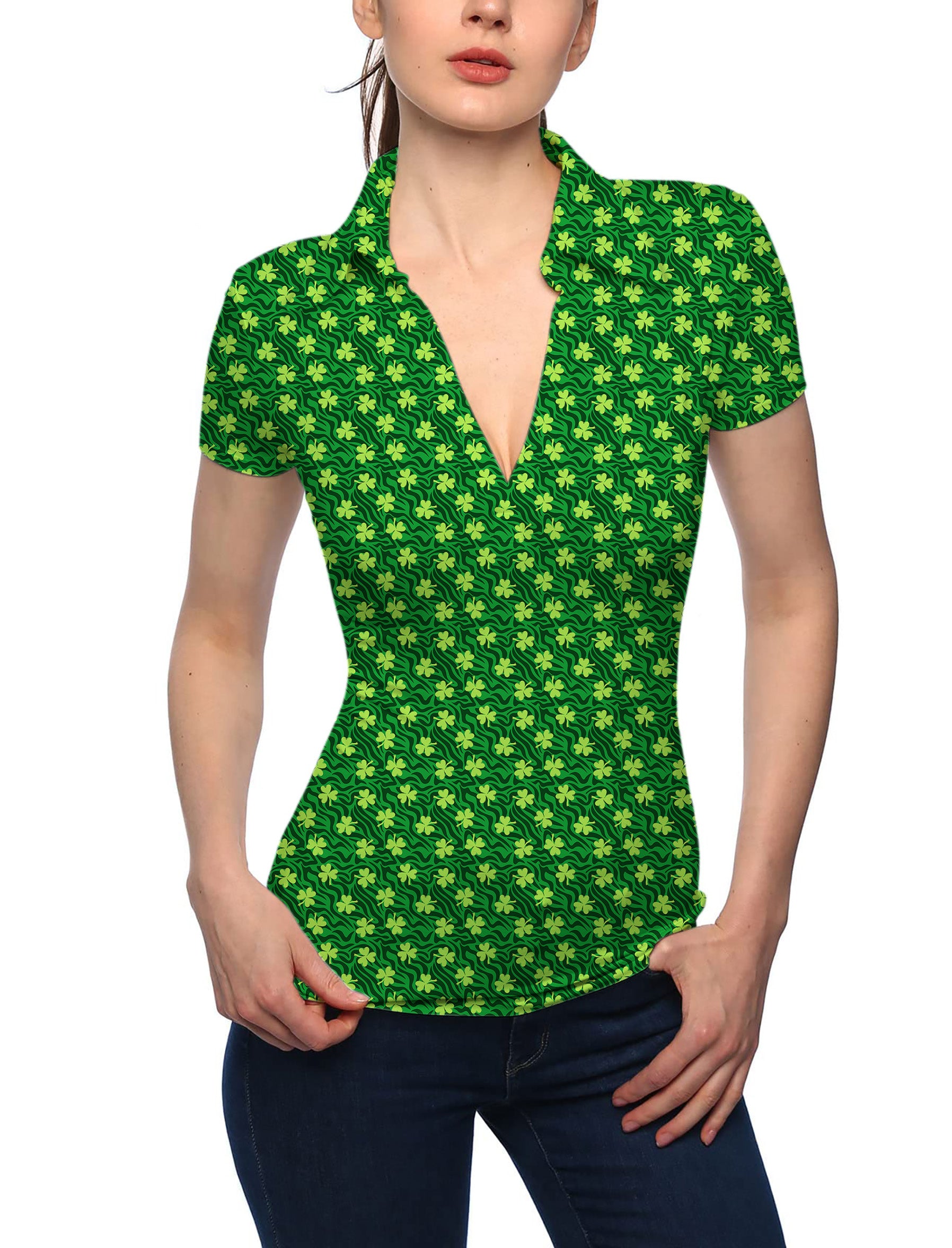 Women's Leaf clover Green zebra St. Patrick's Day V Neck Golf Polo