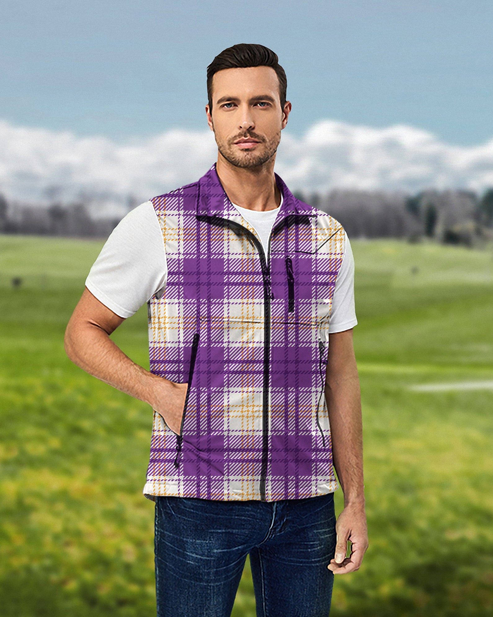 Men's Halloween purple and yellow grid pattern Lightweight Softshell Vest Sleeveless Jacket for Golf Windproof Waterproof