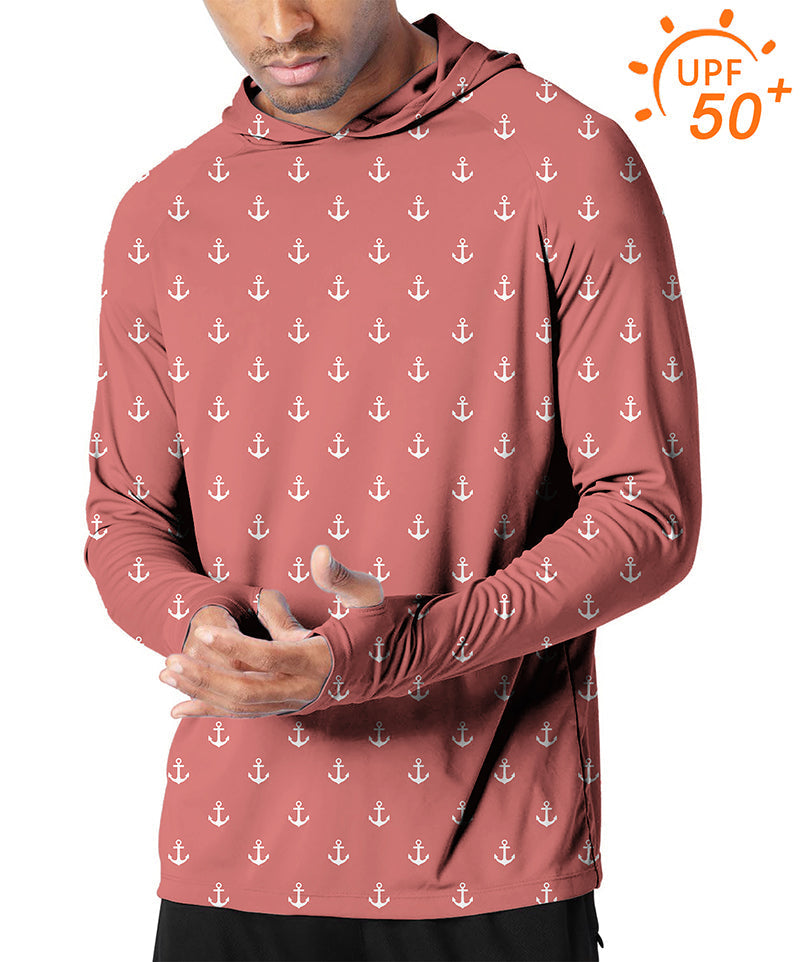 Men's outdoor pink red anchor print slim fit hoodie with UPF 50+ sun protection and thumb holes for golf and outdoor activities