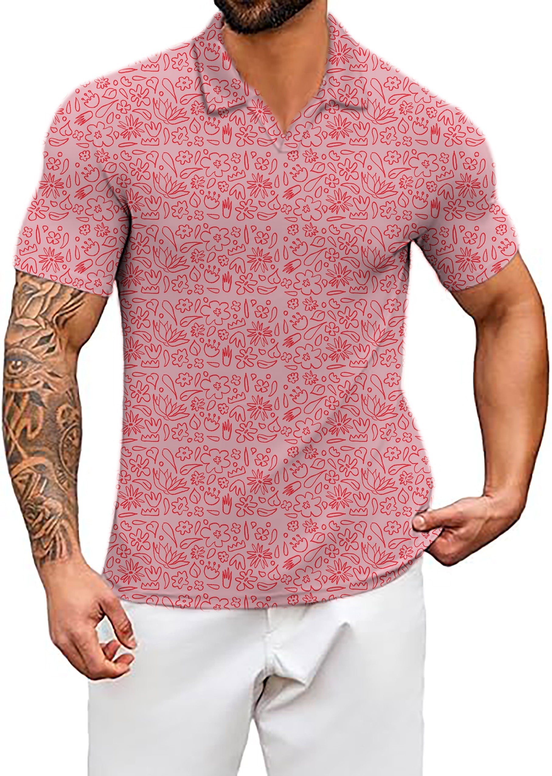 Men's Coconut Palm navy blue ink dots polo shirt with pink flower drawing and classic fit