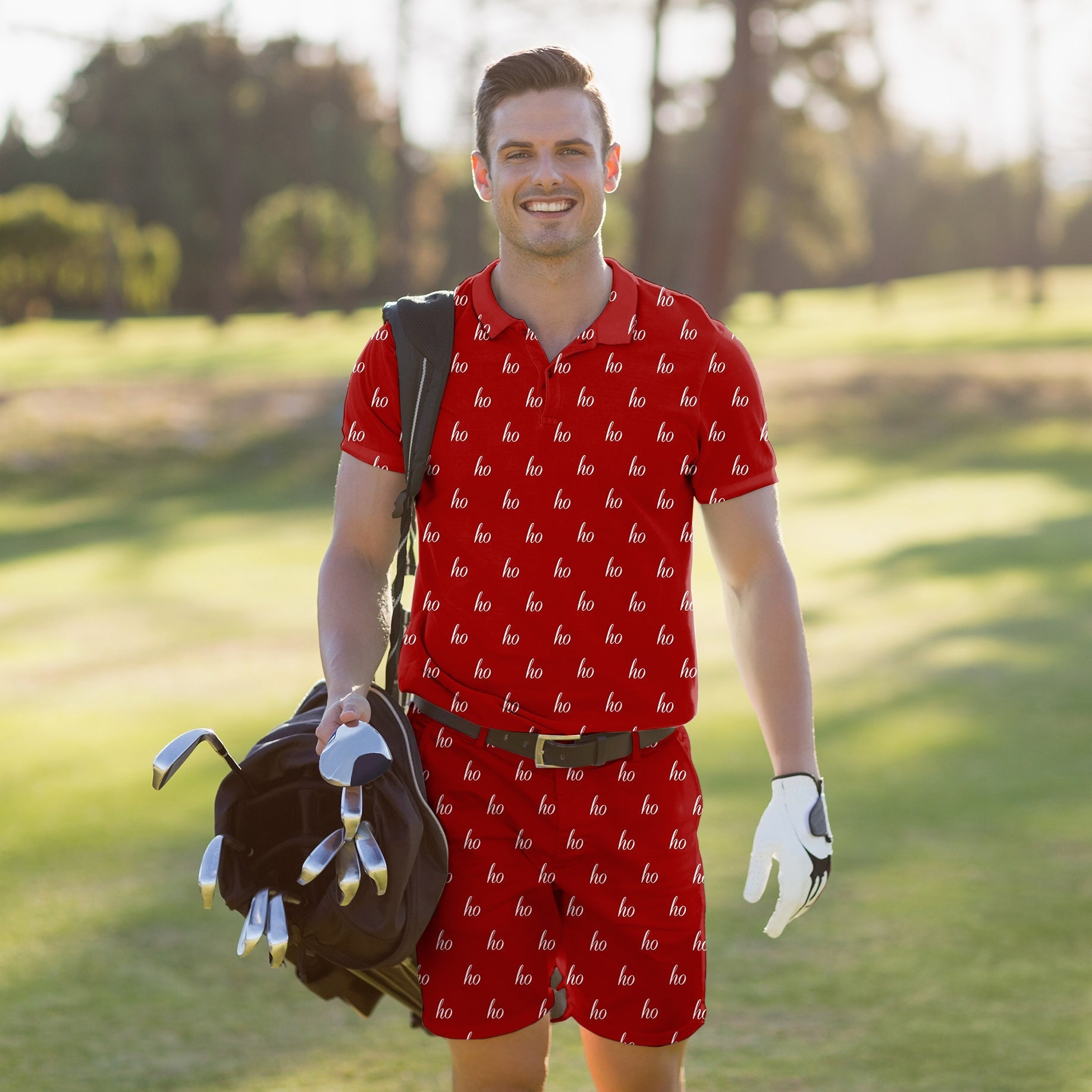 Men's red golf polo and shorts set with custom name, breathable moisture-wicking fabric, four-way stretch, and UPF 40+ protection.