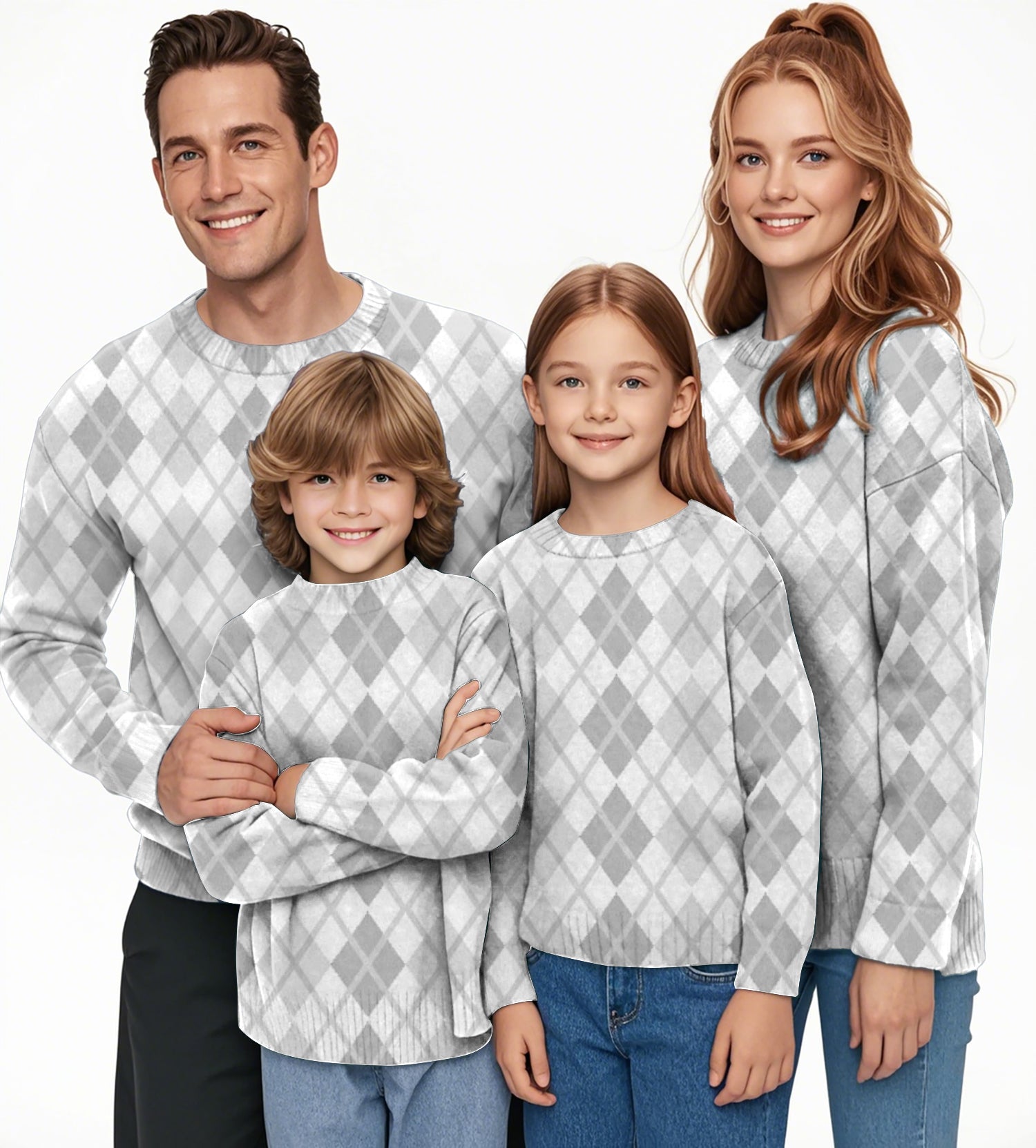 Argyle grey grid Crewneck Pullover Ugly Sweater Men Women boy girl family