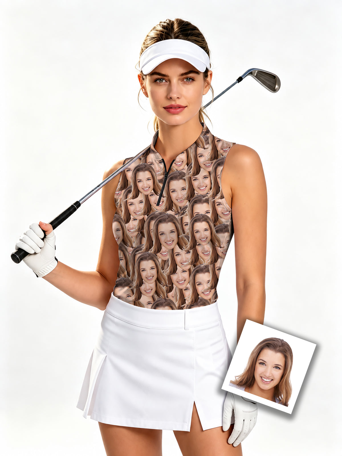 Custom Photo All Funny Faces Women's Quarter Zip Mock Neck Sleeveless Golf Athletic Blouse