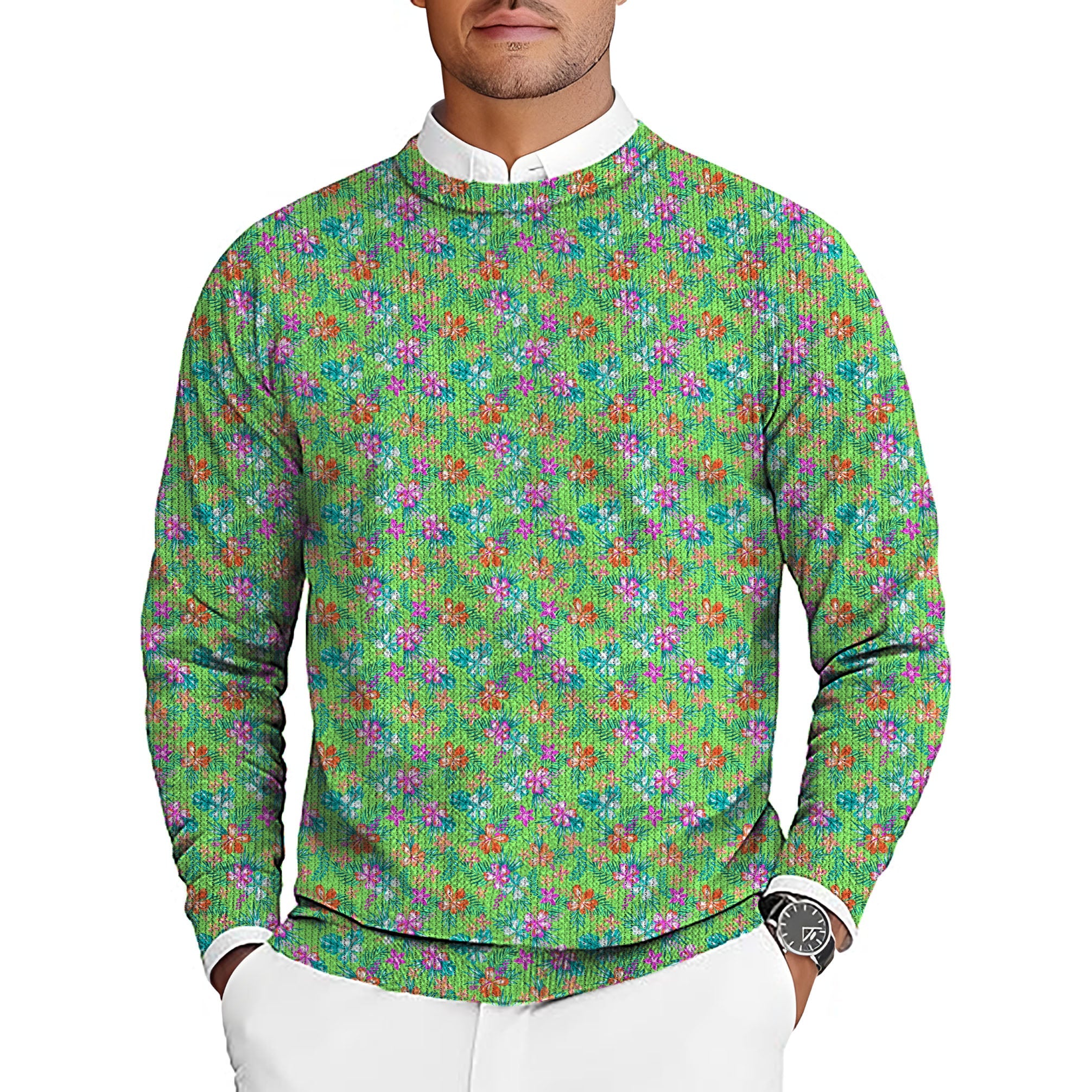Vibrant Blossom men's golf pullover sweater with colorful floral pattern