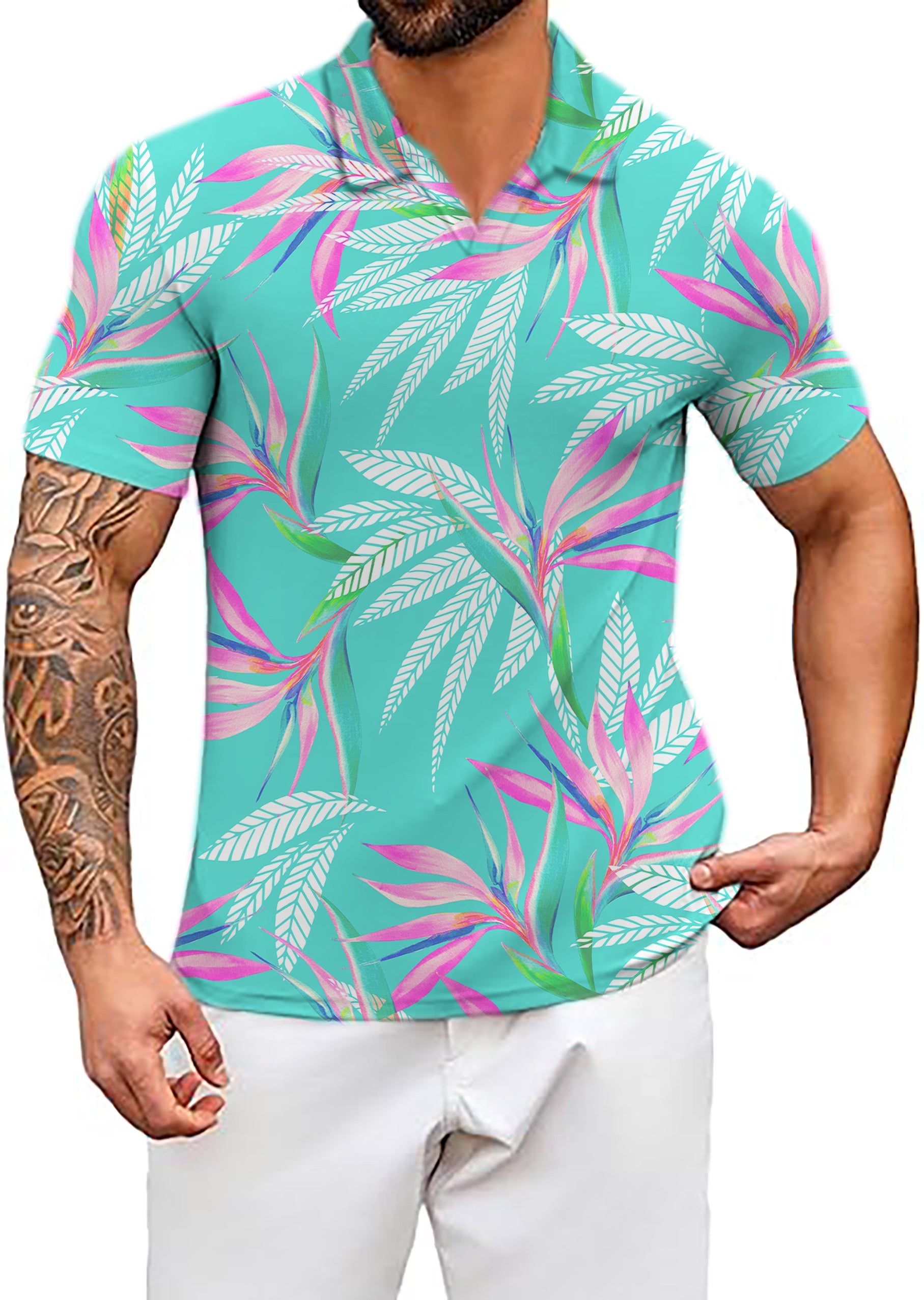 Men's Tropical leaves V Neck Golf Polo Shirts