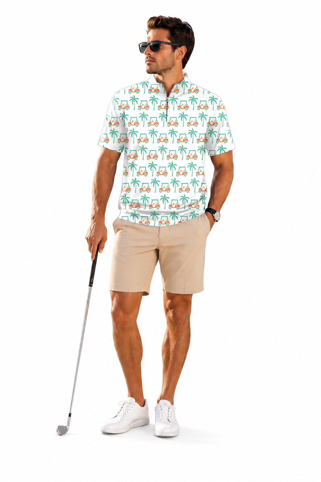 Men's Short Sleeve Quarter Zip Golf Pullover   Palm trees and golf carts Embroidery