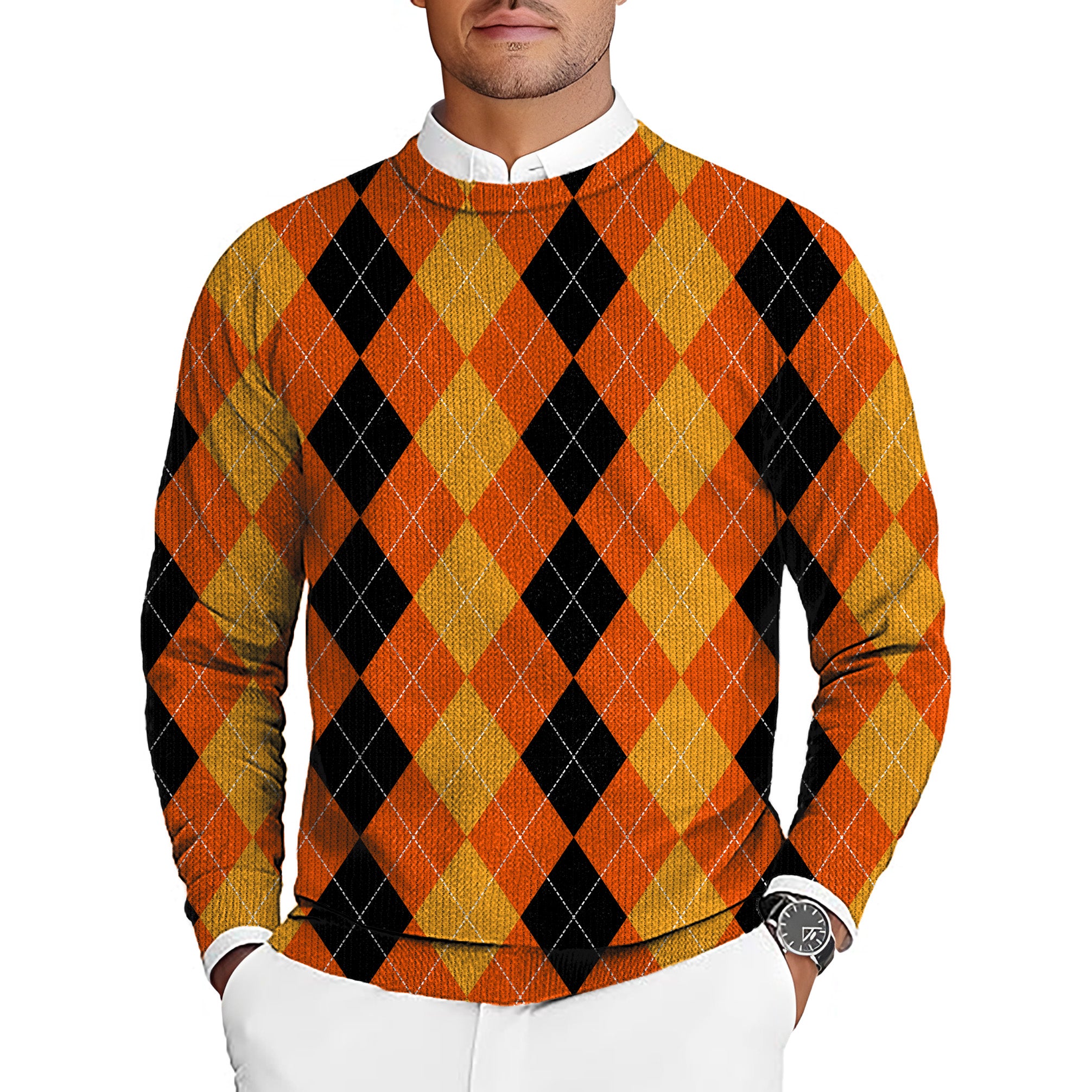 Halloween Black Yellow Orange Argyle Men's Golf Crewneck Pullover Sweaters Ugly Sweater