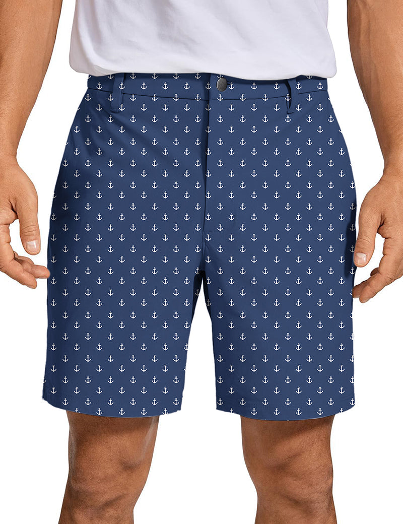 Men's dark blue golf shorts with white anchor pattern, quick-dry, lightweight, and stretch fabric for comfort and style
