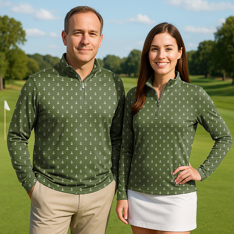 Olive green anchor print couple golf active 3/4 zip tops with long sleeves on outdoor golf course