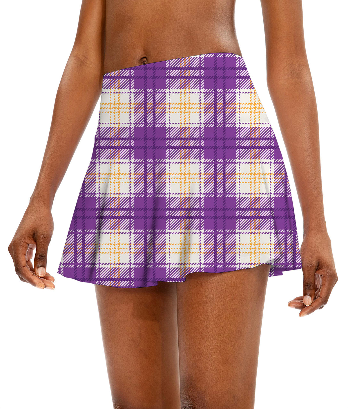 Halloween purple and yellow grid pattern Women's Athletic Golf Skorts Flared Skirts