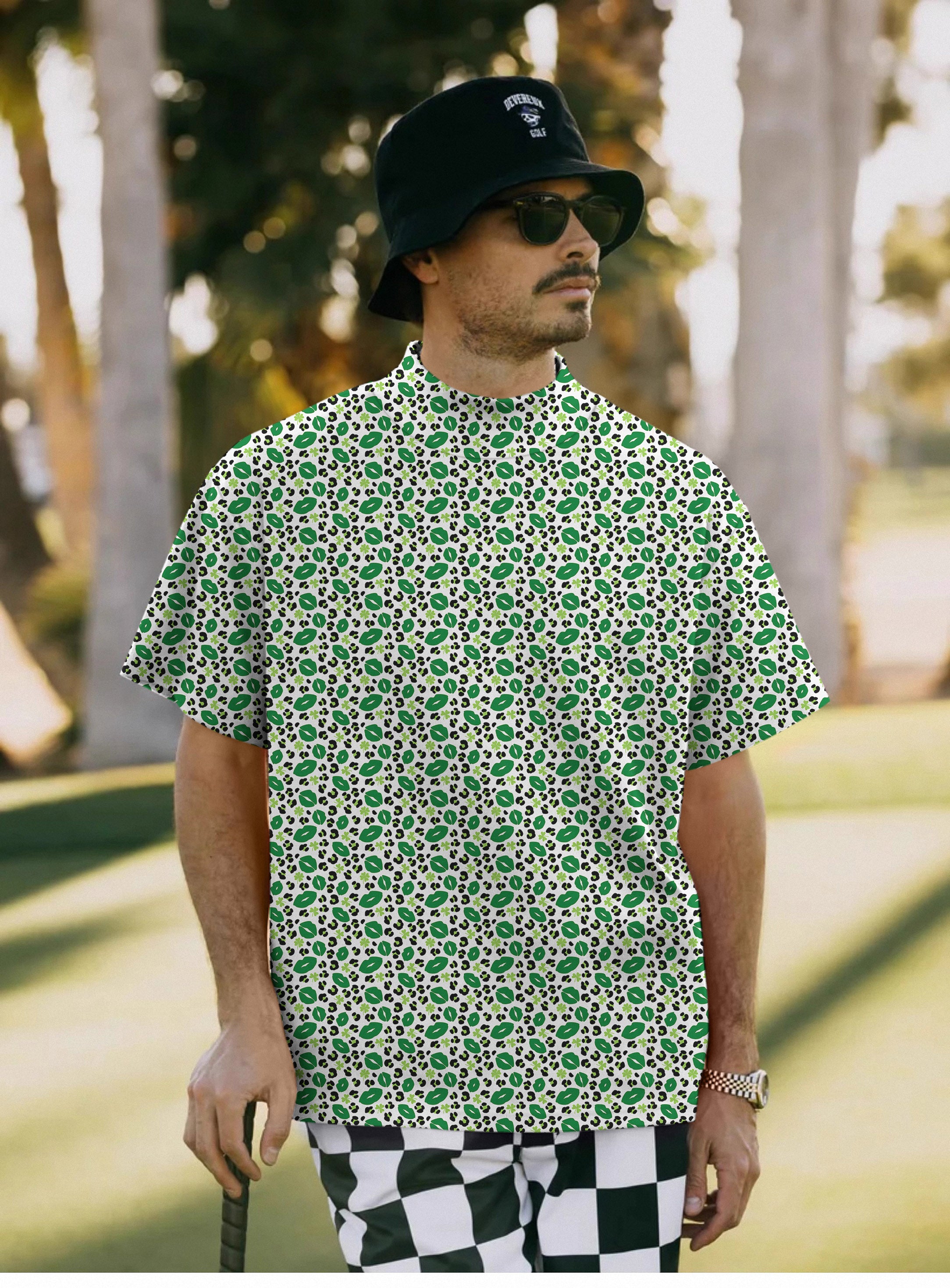 Men's Green leopard kiss St. Patrick's Day Pullover High neck Long/Short sleeve T-Shirt