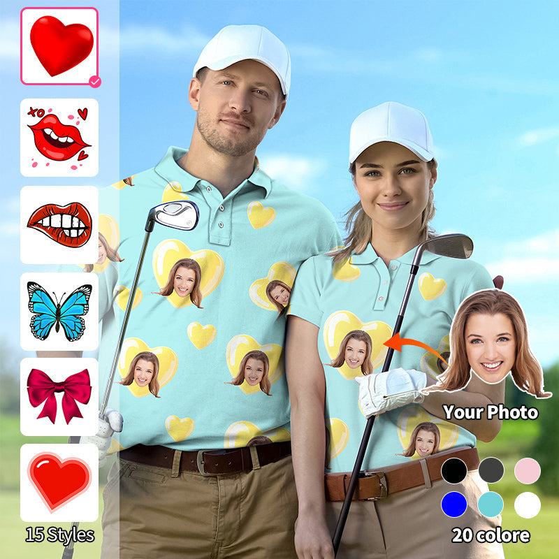 Valentine's Day custom couple golf shirts with personalized photo and heart design in green and blue colors