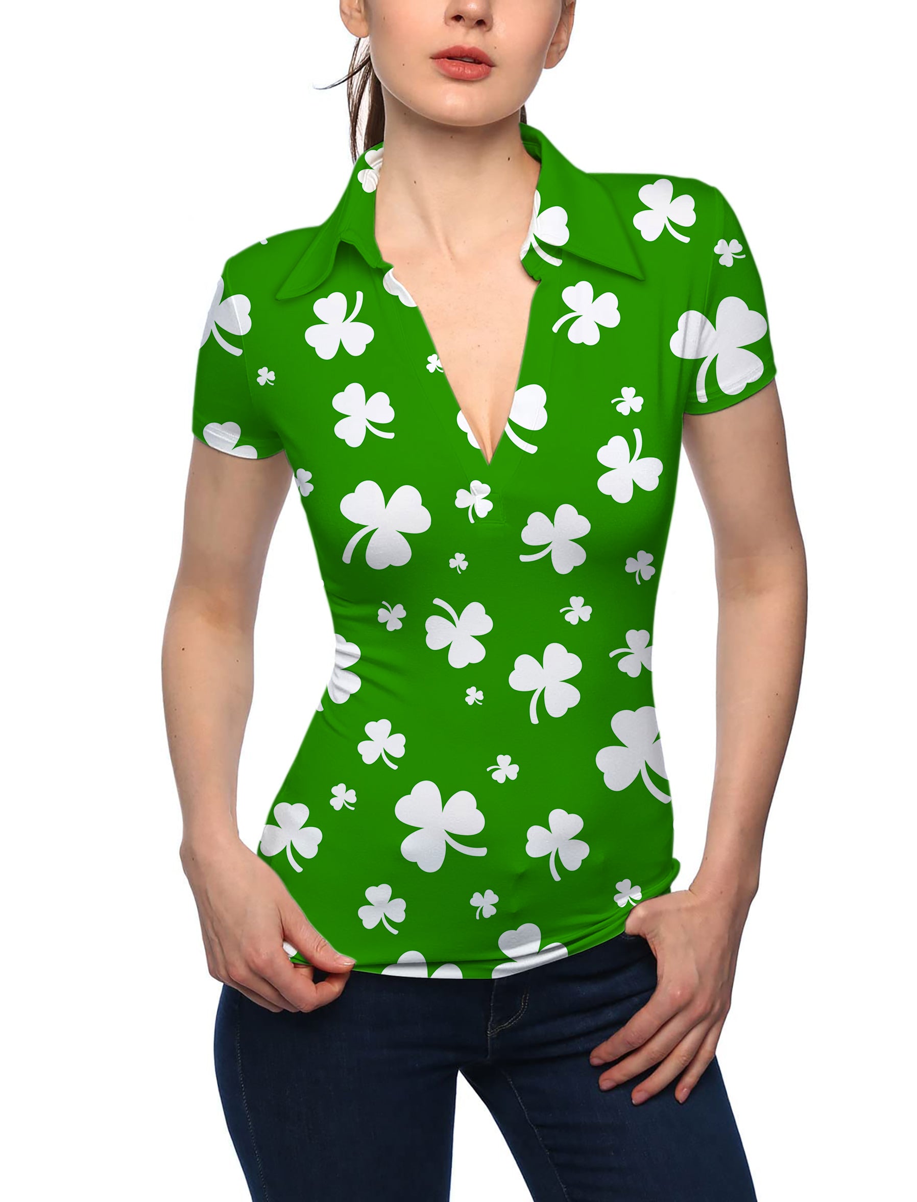 Women's Leaf clover St. Patrick's Day V Neck Golf Polo