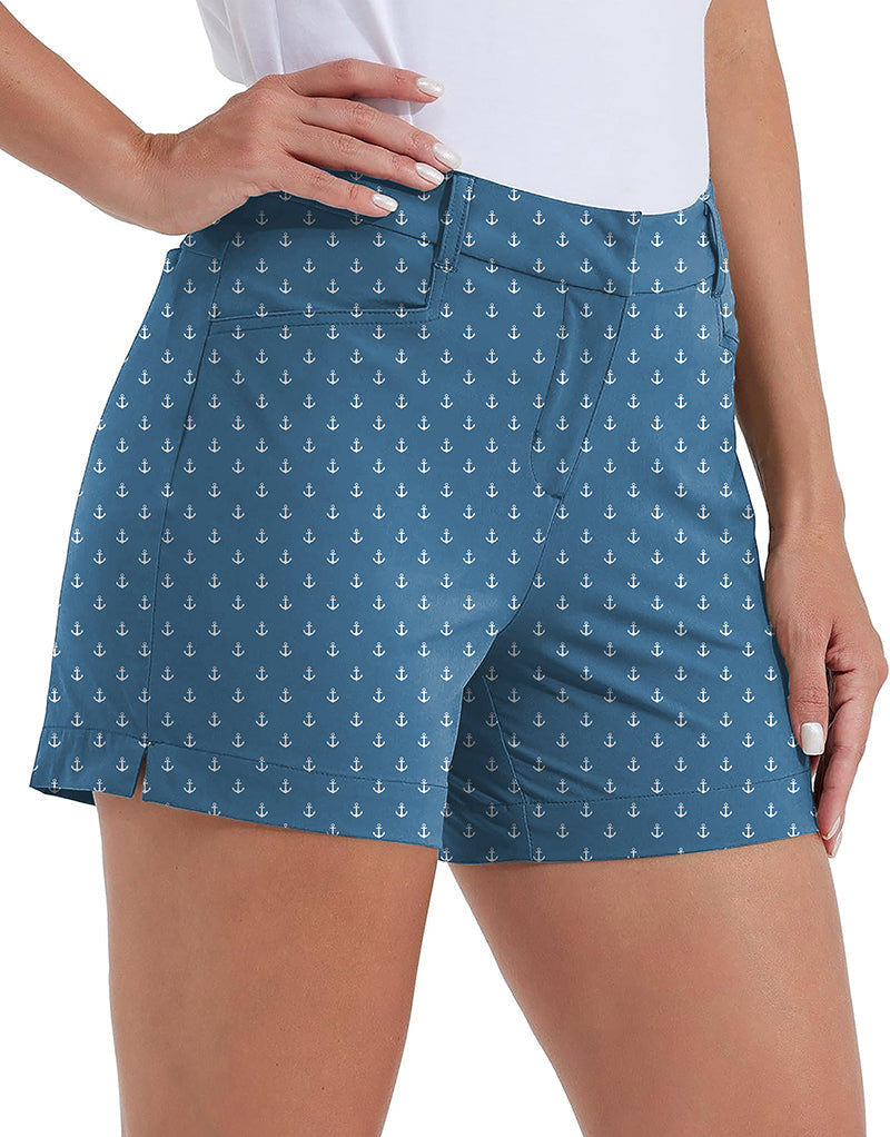 Women's sea blue anchor print quick-drying golf shorts with pockets and stretchy waterproof fabric