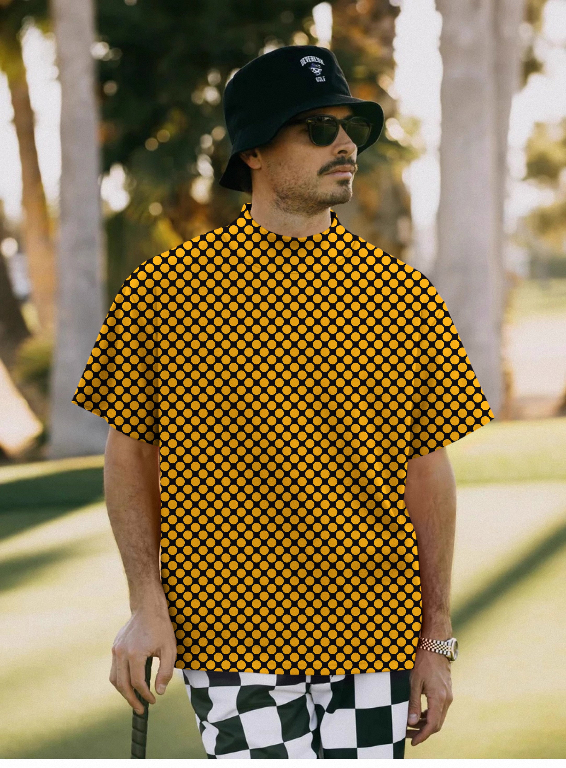 Men's Halloween black and yellow polka dots Mock Neck Long/Short Sleeve Golf Tops