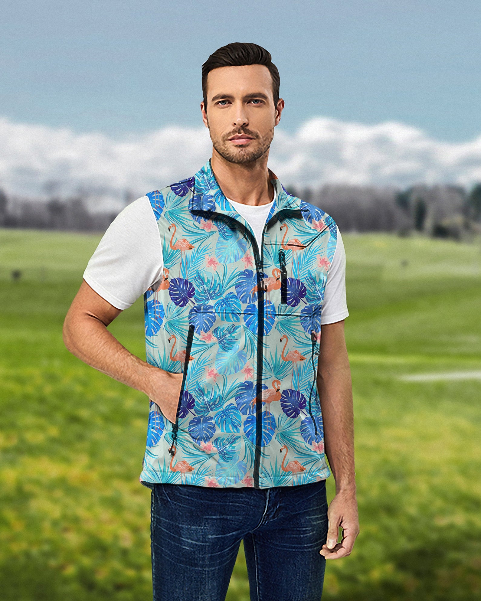 Men's Cool Flamingos Lightweight Softshell Vest Sleeveless Jacket for Golf Windproof Waterproof