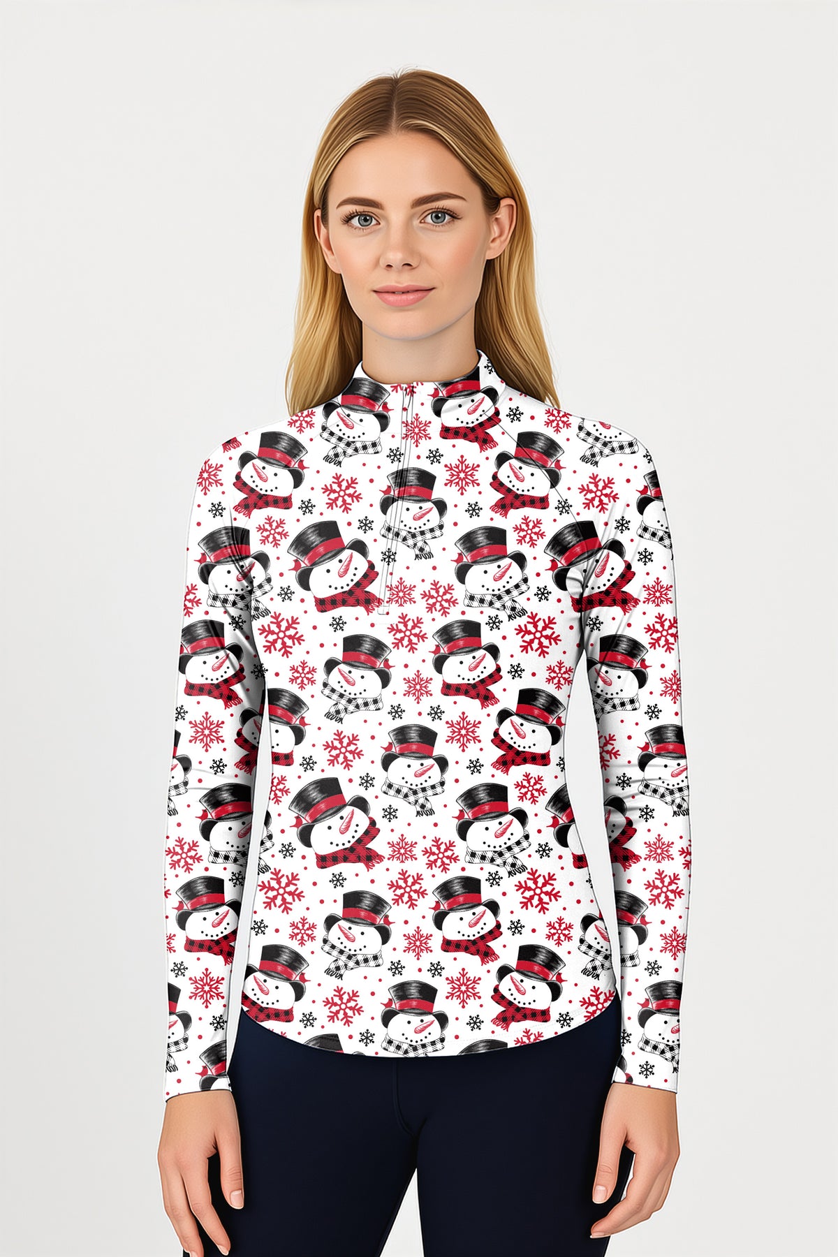 Christmas Snowman Women's Golf Active 3/4 Zipper Top Long Sleeves